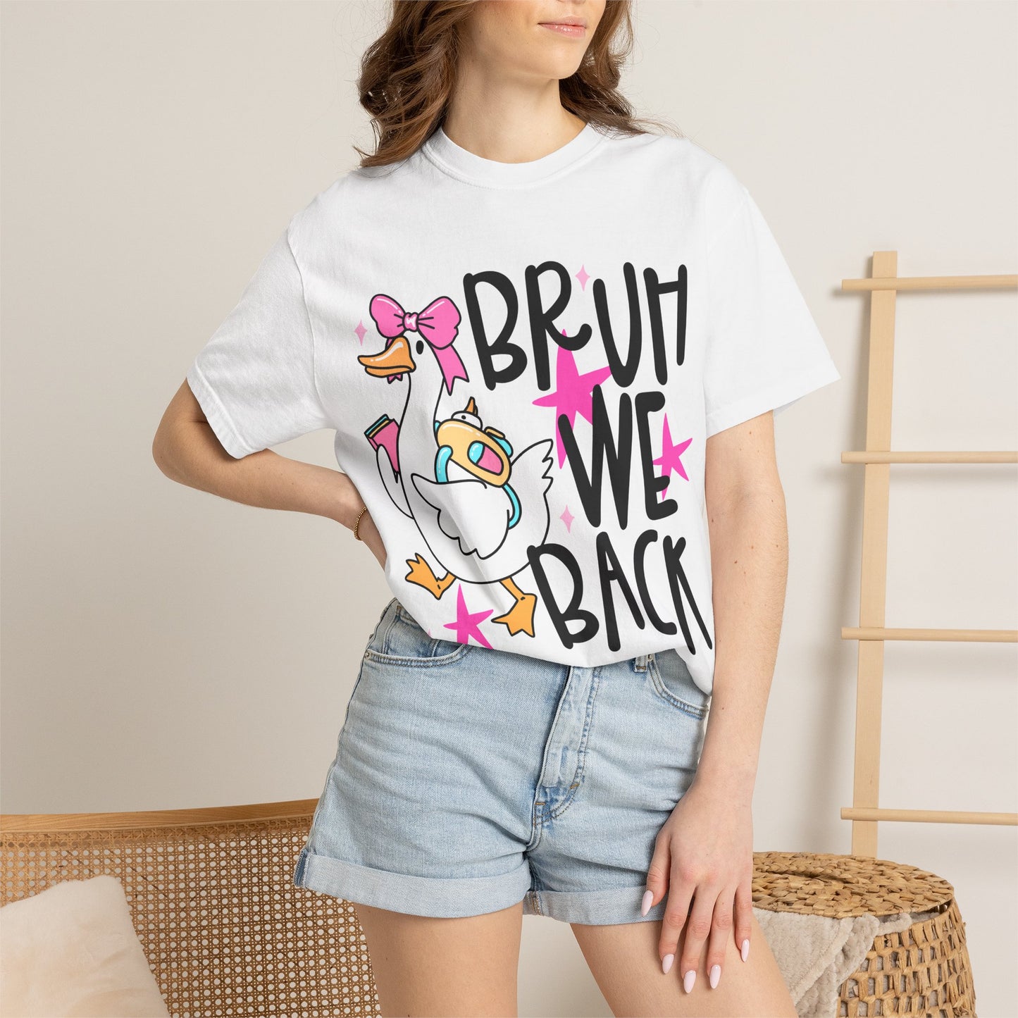 Bruh We Back Duck T-shirt | Cute Retro Cartoon, Pink Stars