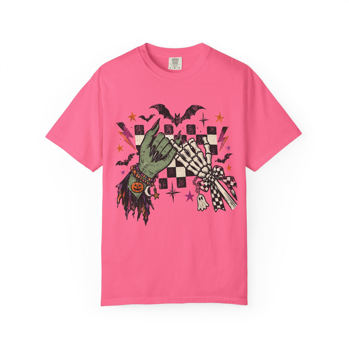 Crunchberry Comfort Colors 1717 Halloween Pinky Promise shirt with witch and skeleton hand graphic