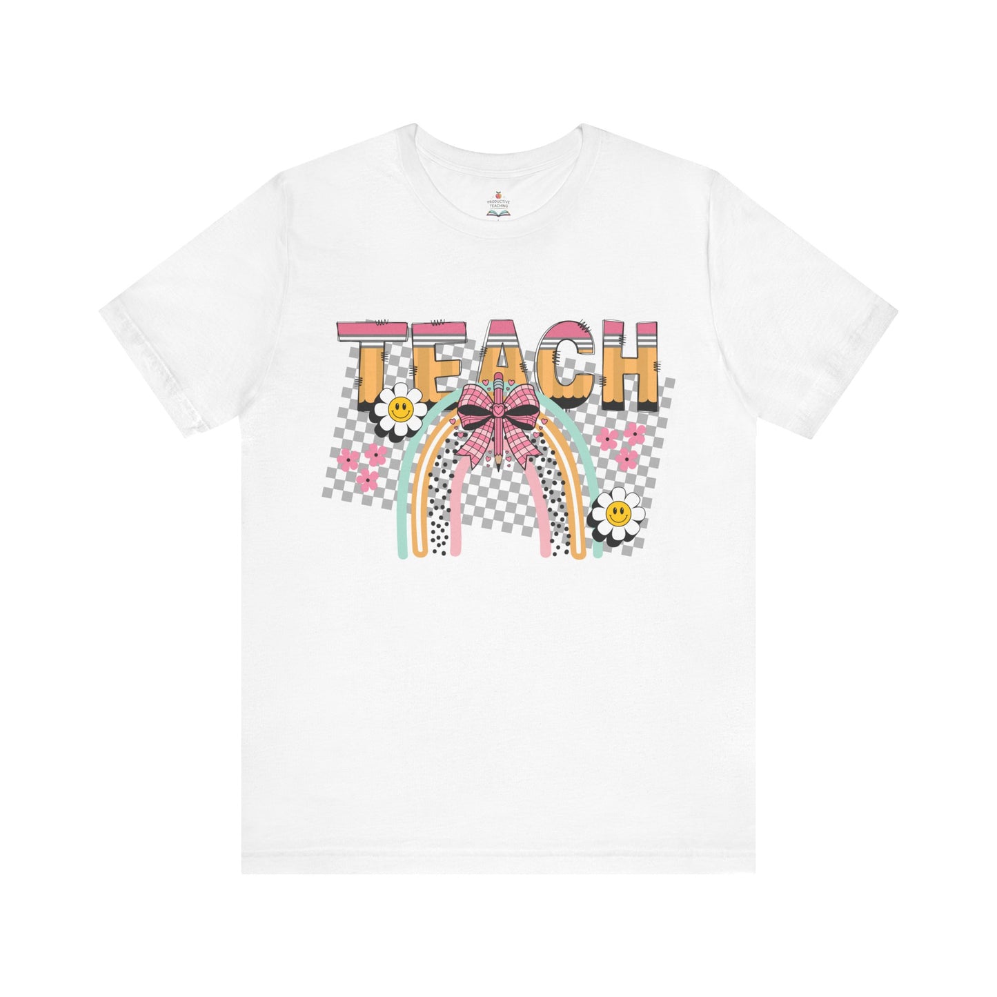 Teach Rainbow T-Shirt — Cute Retro Teacher Tee with Checkered Pattern