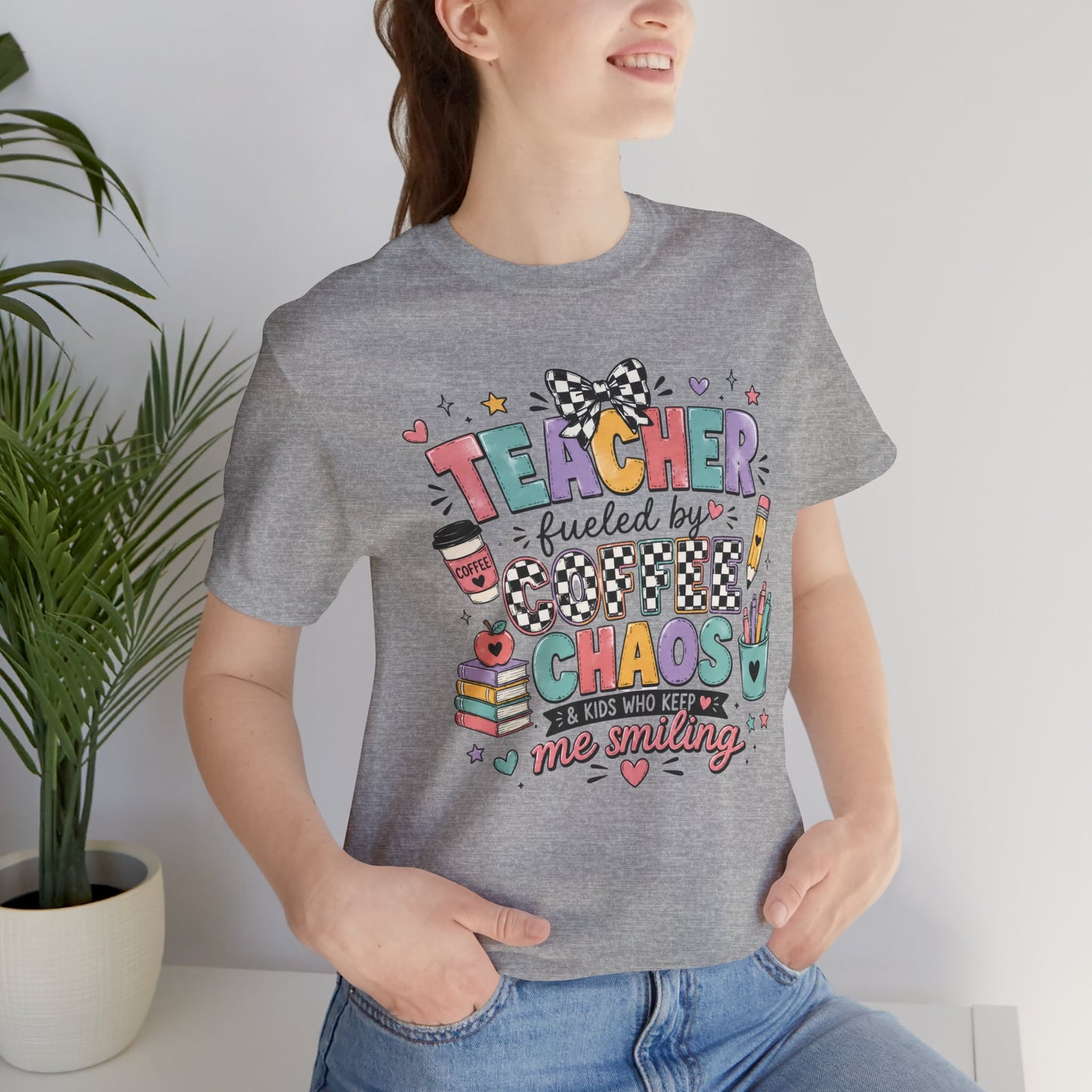 Teacher Fueled by Coffee and Chaos T-Shirt | Cute School Doodles