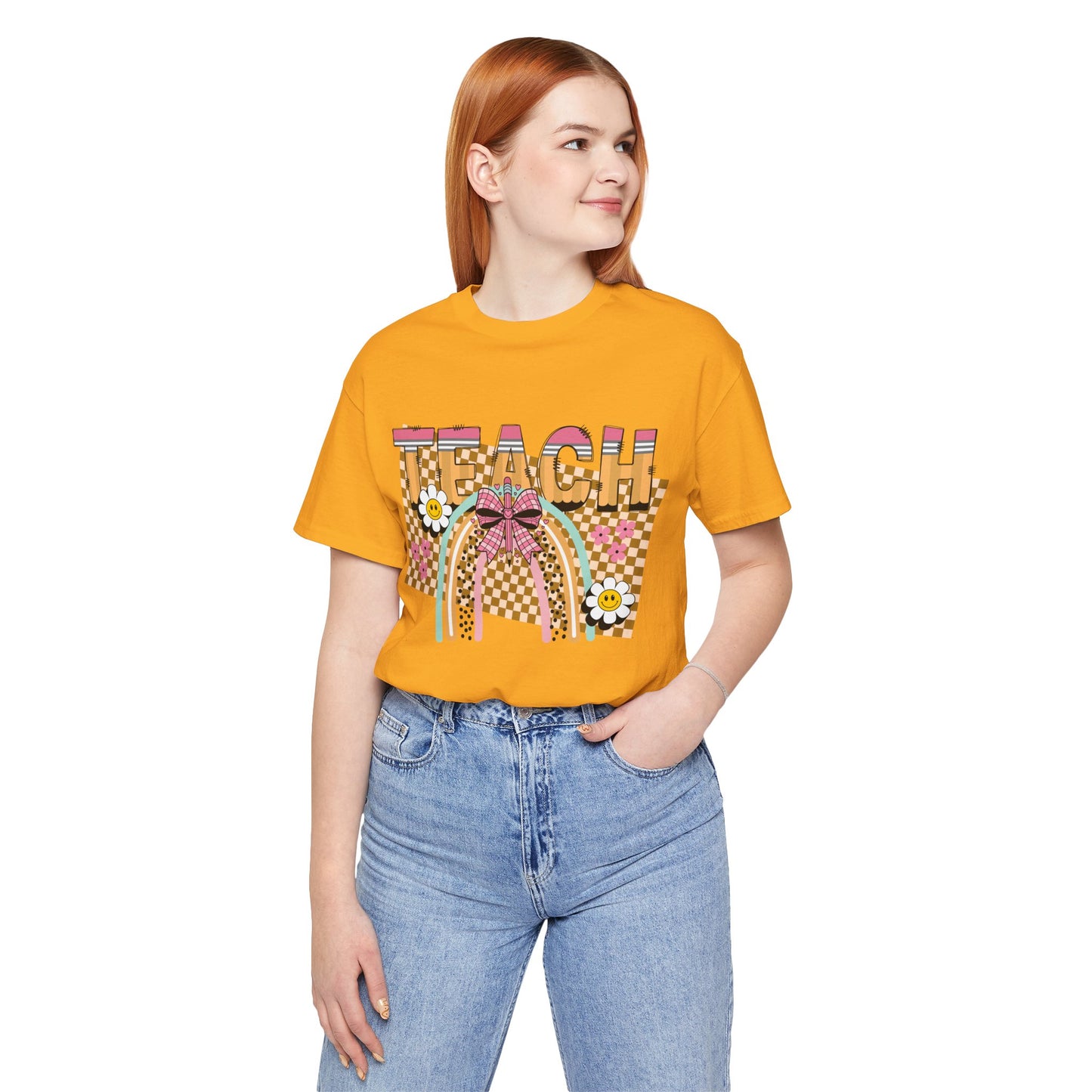 Teach Rainbow T-Shirt — Cute Retro Teacher Tee with Checkered Pattern