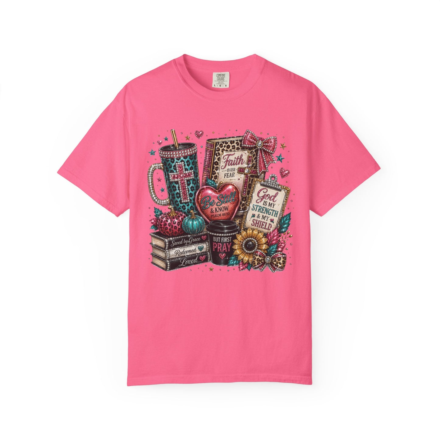 Faith Collage T-Shirt | Christian Cross, Bible, Prayer, Floral Graphics
