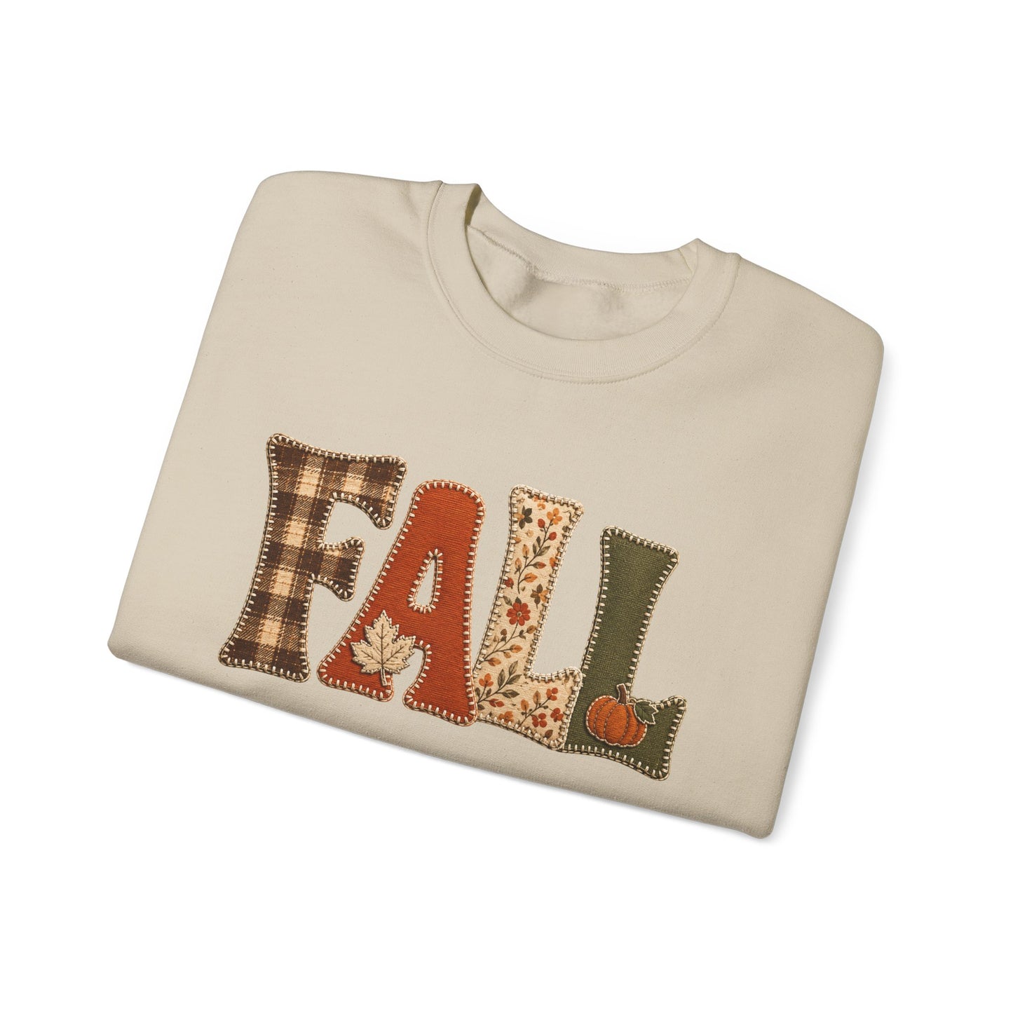 Fall Patchwork Letter Sweatshirt, Autumn Plaid Pumpkin Leaves, Cozy Unisex Crewneck