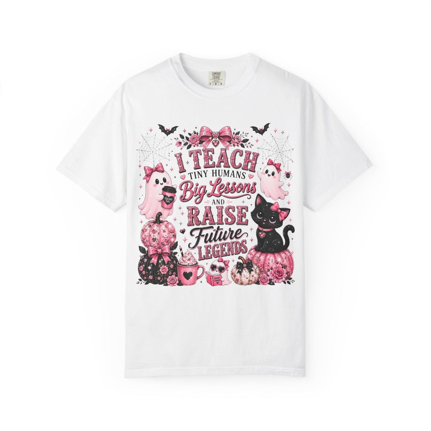 I Teach Tiny Humans Halloween Teacher Shirt | Cute Pink Ghost Comfort Colors Tee | Teacher Gift | Halloween Cat T-Shirt