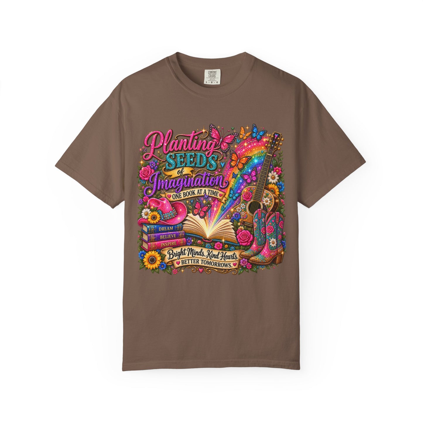 Planting Seeds of Imagination T-shirt, Colorful Book & Boots, Country Western, Guitar Tee