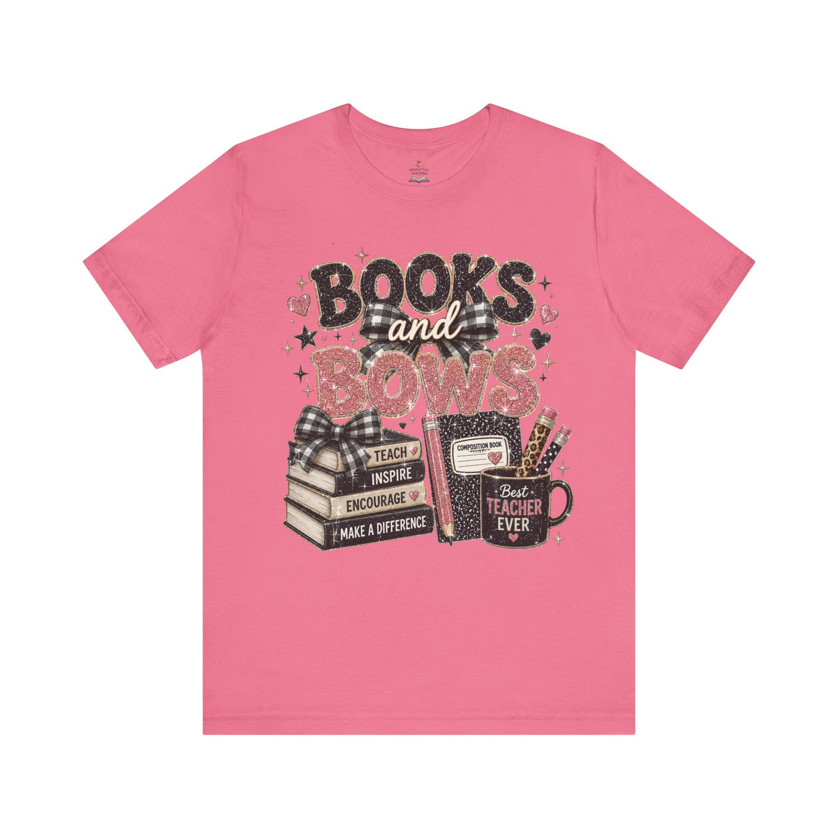 Books and Bows reading teacher t-shirt – close-up detail