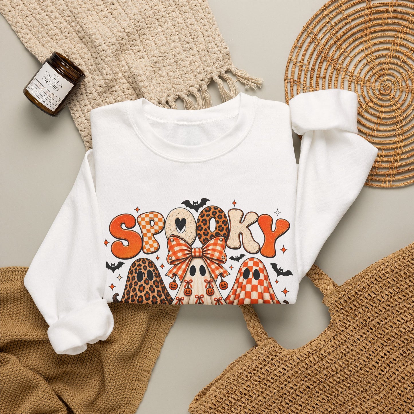 Spooky Season ghost trio Sweatshirt | Halloween pumpkins bats