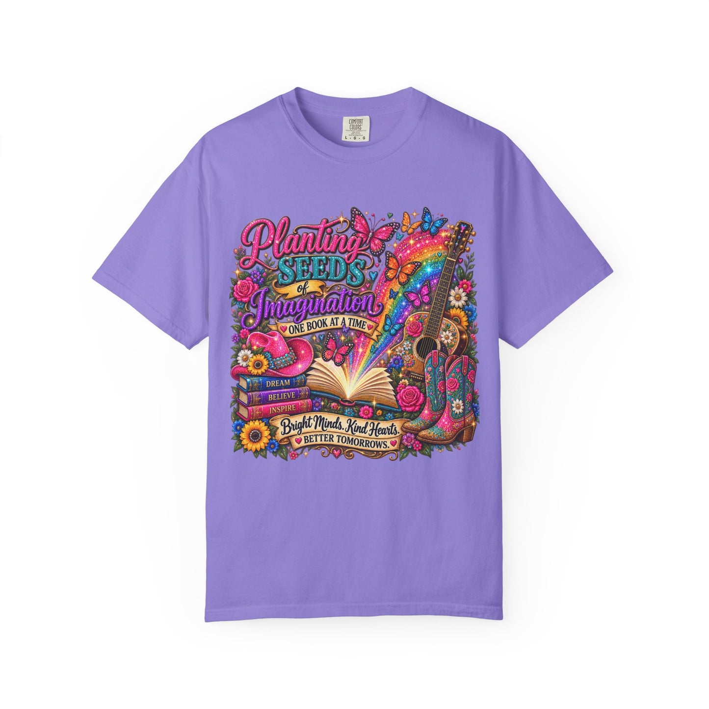 Planting Seeds of Imagination T-shirt, Colorful Book & Boots, Country Western, Guitar Tee
