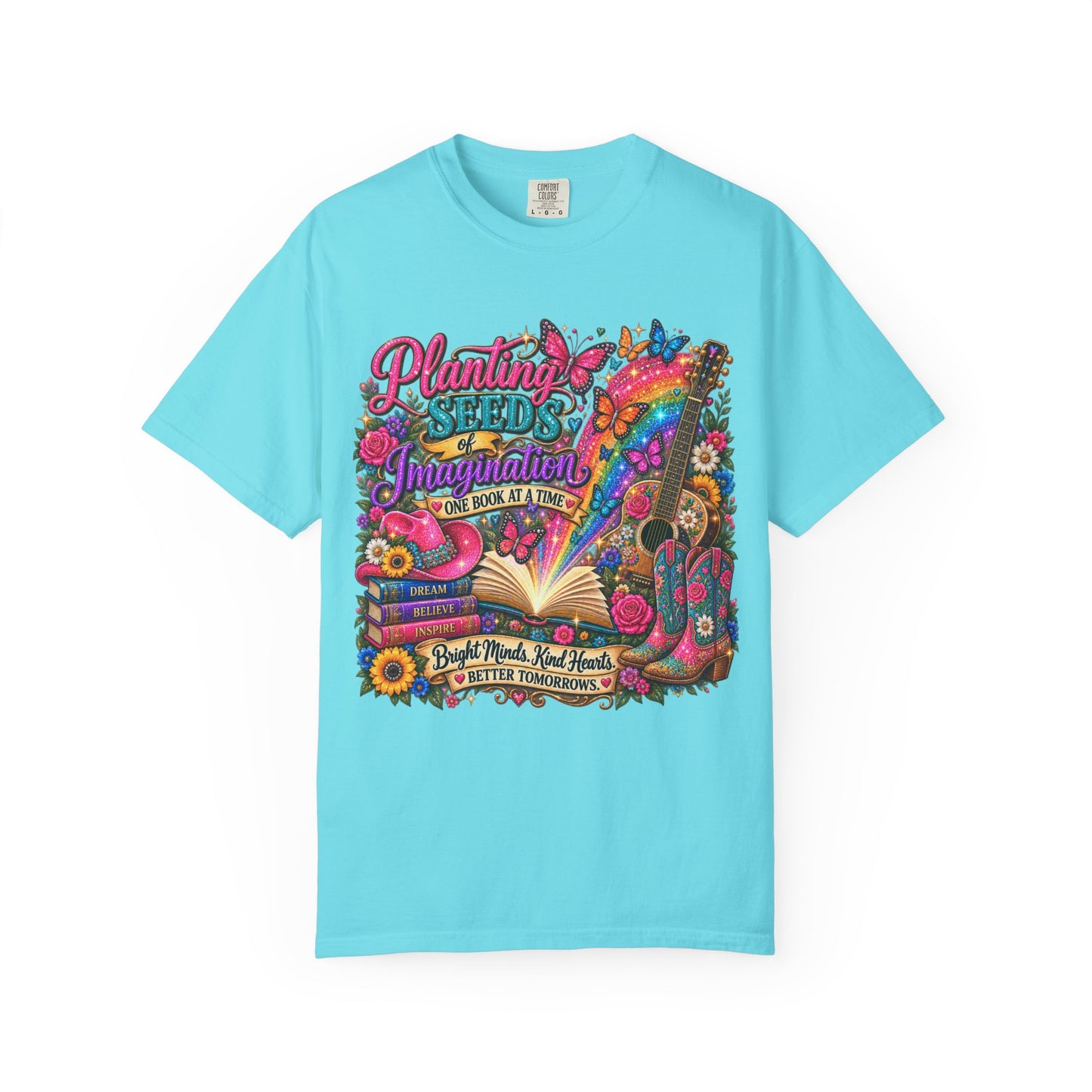 Planting Seeds of Imagination T-shirt, Colorful Book & Boots, Country Western, Guitar Tee