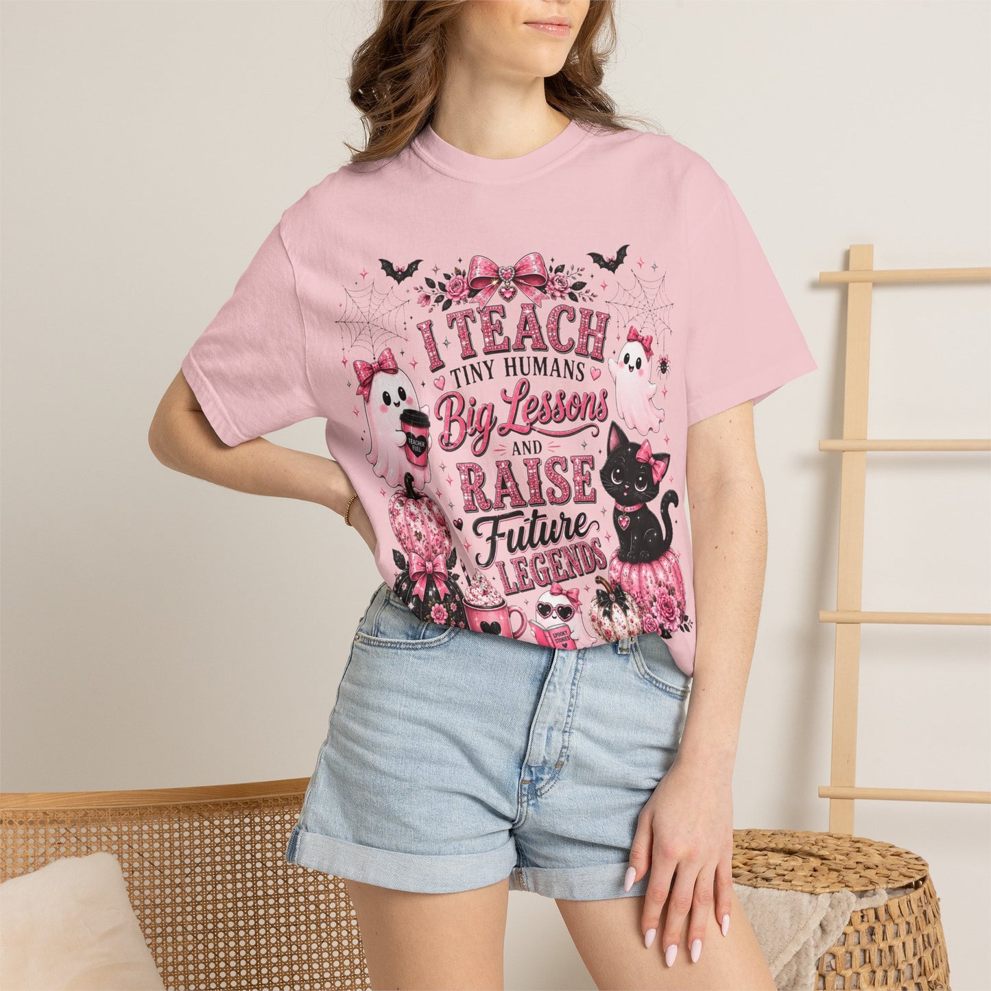 I Teach Tiny Humans Halloween Teacher Shirt | Cute Pink Ghost Comfort Colors Tee | Teacher Gift | Halloween Cat T-Shirt