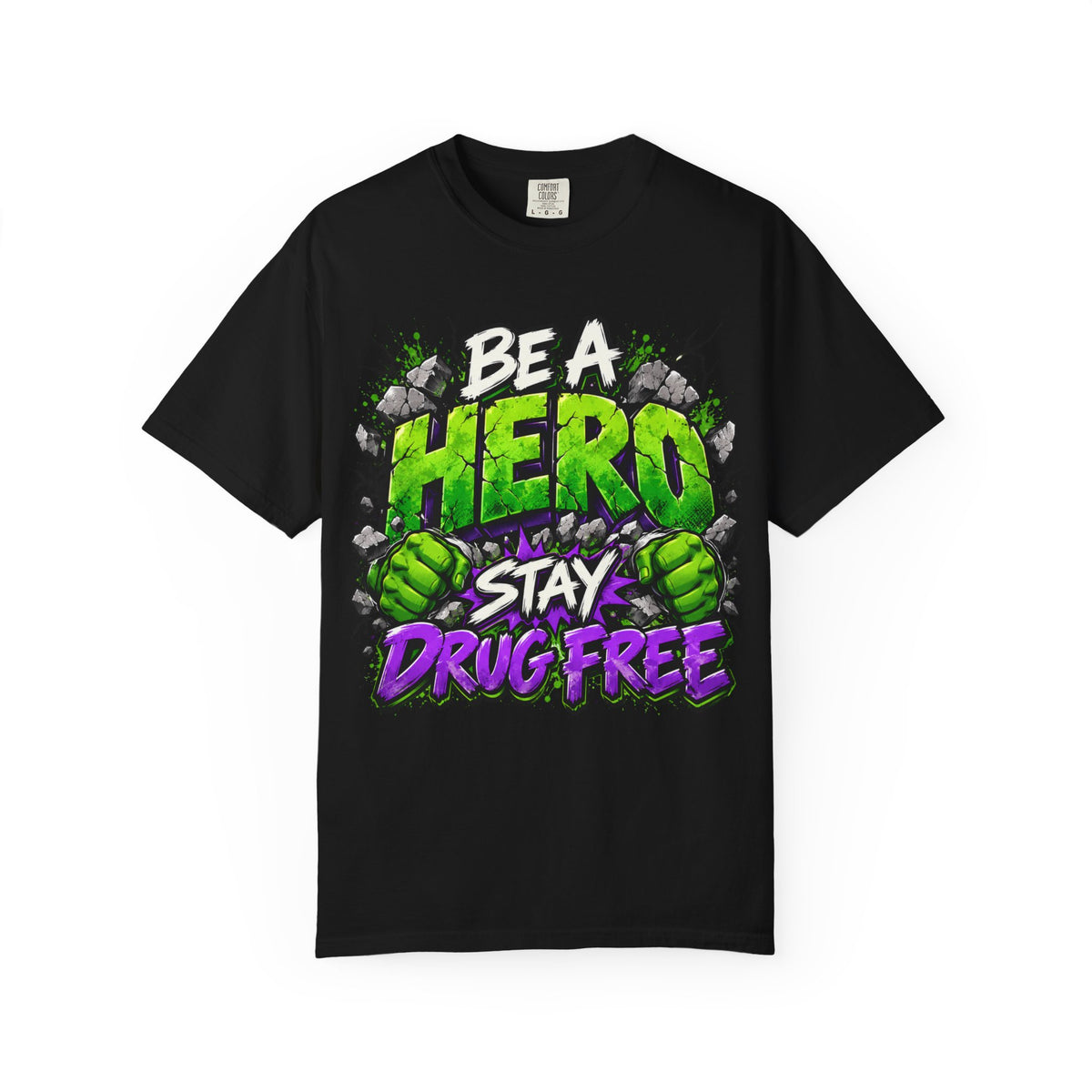 Red Ribbon Week teacher shirt - green smash Be a Hero Stay Drug Free design on black Comfort Colors tee - view 10