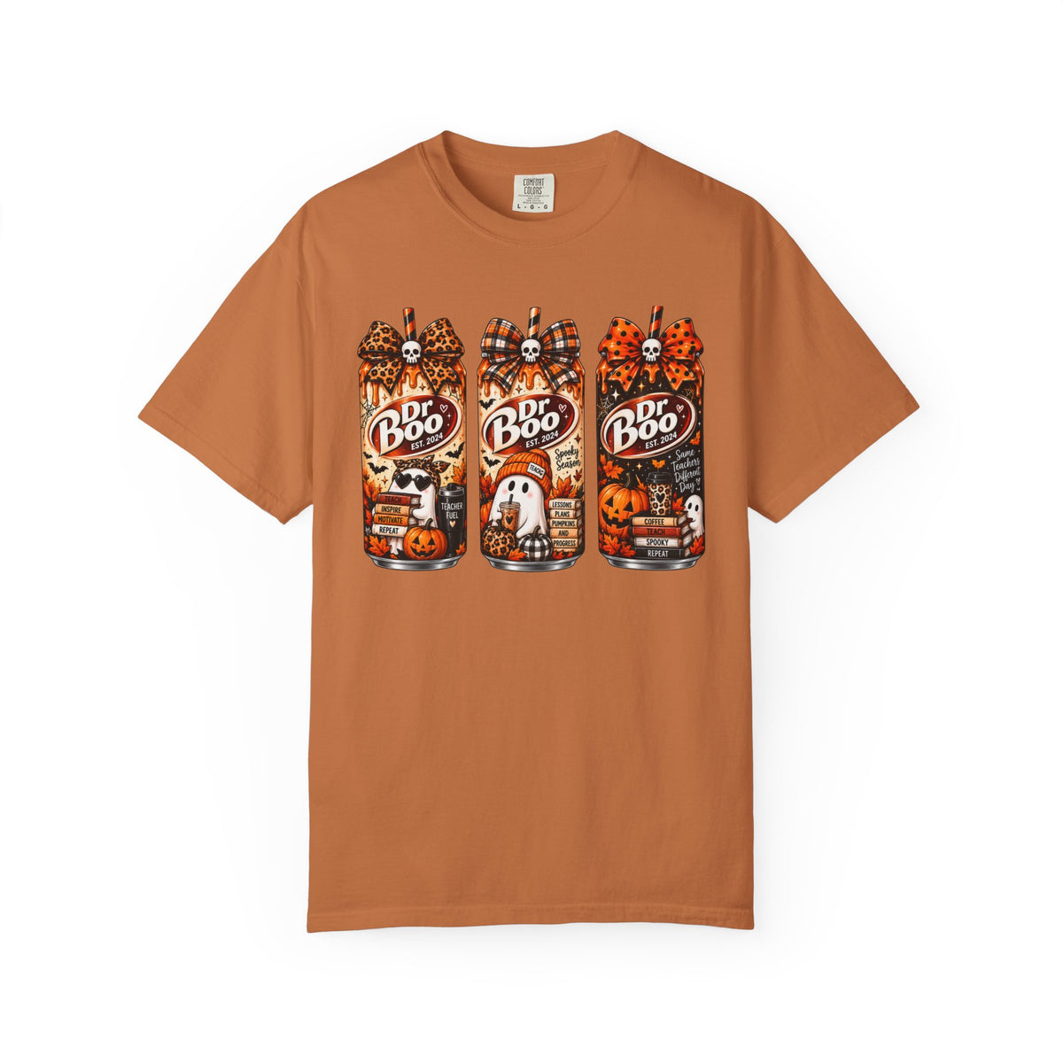Yam Comfort Colors 1717 Halloween teacher shirt with retro spooky drink graphic.