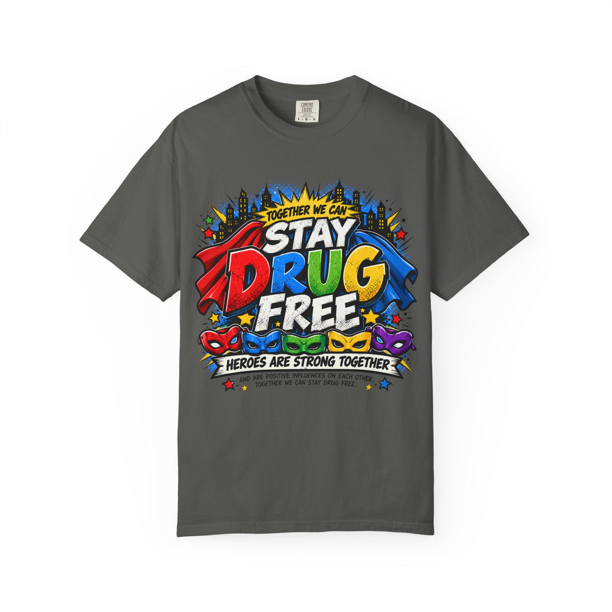 Red Ribbon Week teacher shirt - Together We Can Stay Drug Free heroes strong together comic design on white Comfort Colors tee - view 6