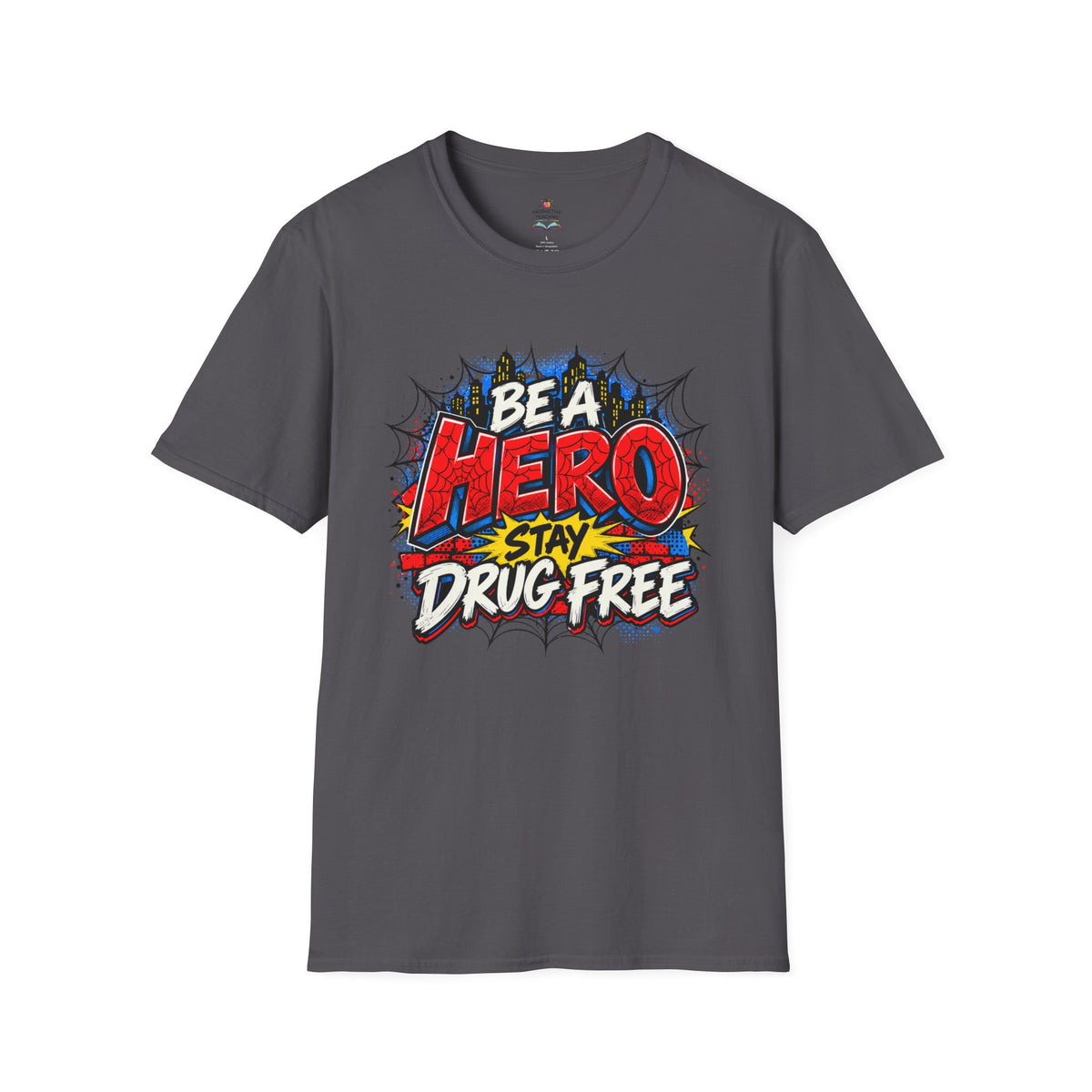 Red Ribbon Week teacher shirt - spider web Be a Hero Stay Drug Free superhero design on charcoal Gildan Softstyle tee - front view
