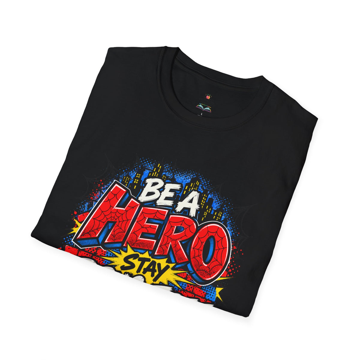 Red Ribbon Week teacher shirt - spider web Be a Hero Stay Drug Free superhero design on black Gildan Softstyle tee - folded view