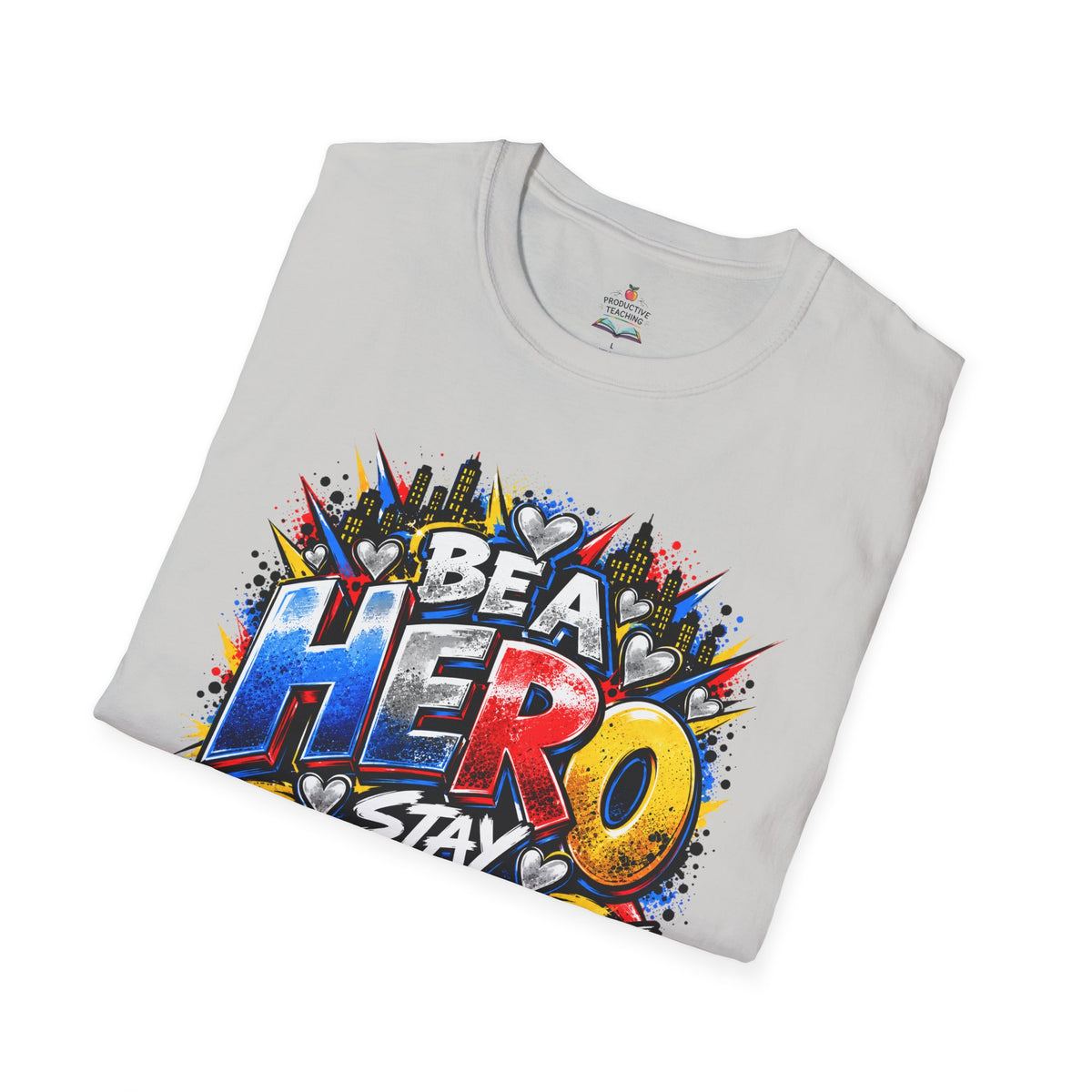 Red Ribbon Week teacher shirt - hero heart Be a Hero Stay Drug Free design on ice grey Gildan Softstyle tee - folded view