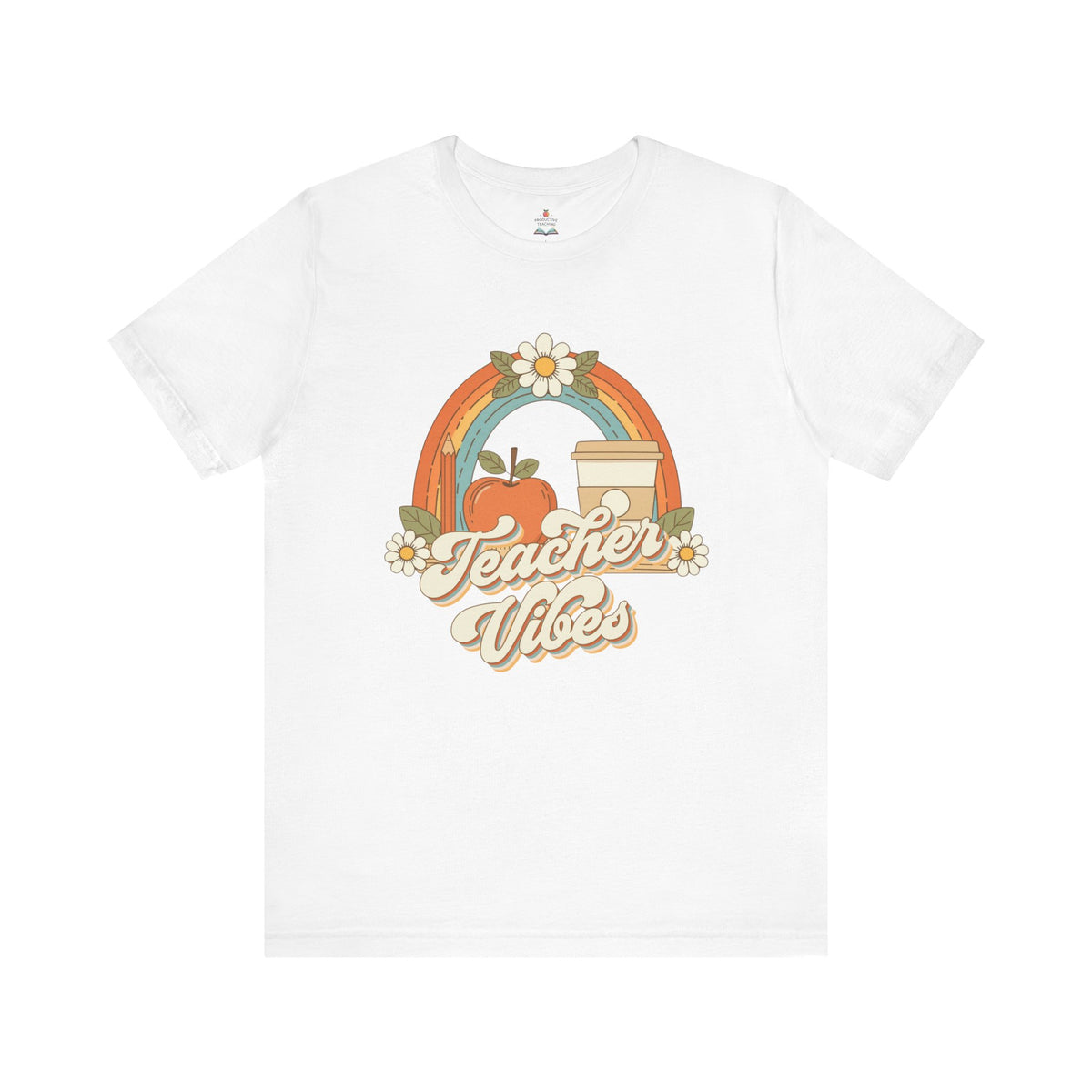 Teacher Vibes retro rainbow apple coffee teacher shirt – flat lay