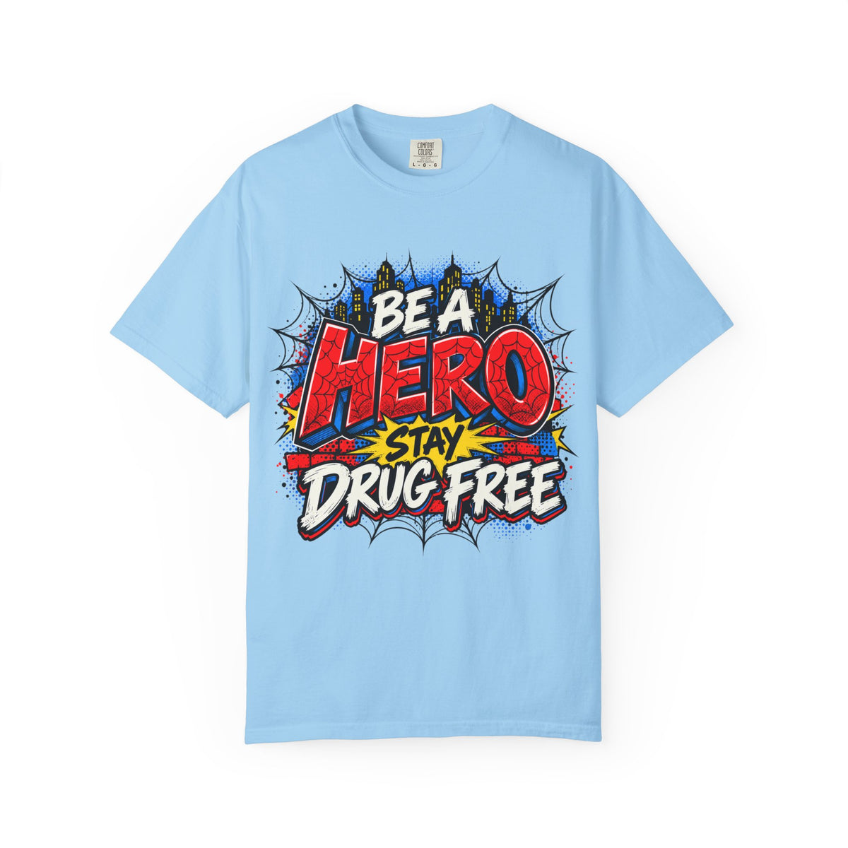 Red Ribbon Week teacher shirt - spider web Be a Hero Stay Drug Free design on grey Comfort Colors tee - back view