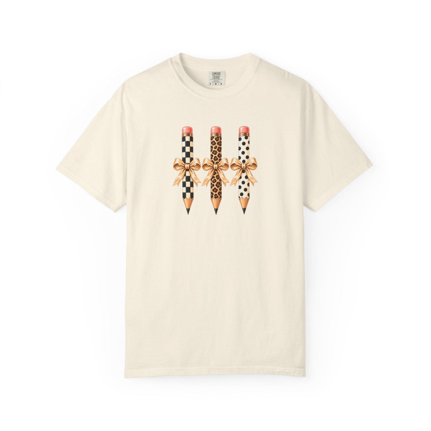 Patterned Pencils with Gold Bows T-shirt | Leopard Checker Polka Dot Pencil Art