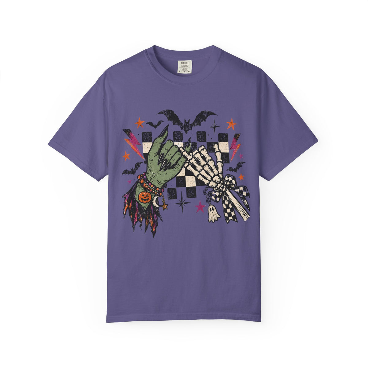 Grape Comfort Colors 1717 Halloween Pinky Promise shirt with witch and skeleton hand graphic