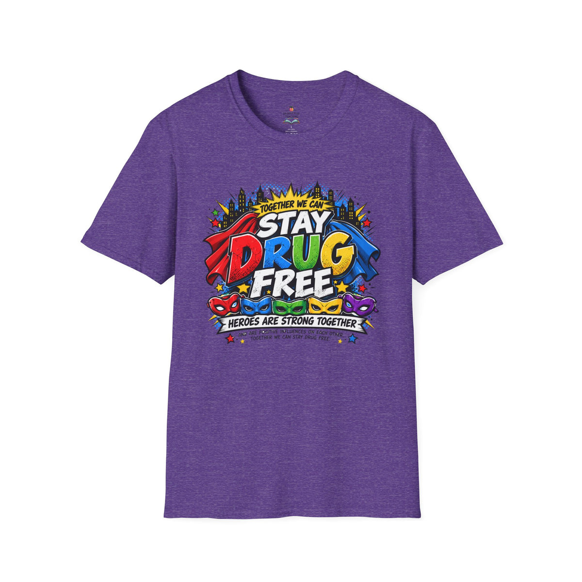 Red Ribbon Week teacher shirt - Together We Can Stay Drug Free heroes design on heather purple Gildan Softstyle tee - front view