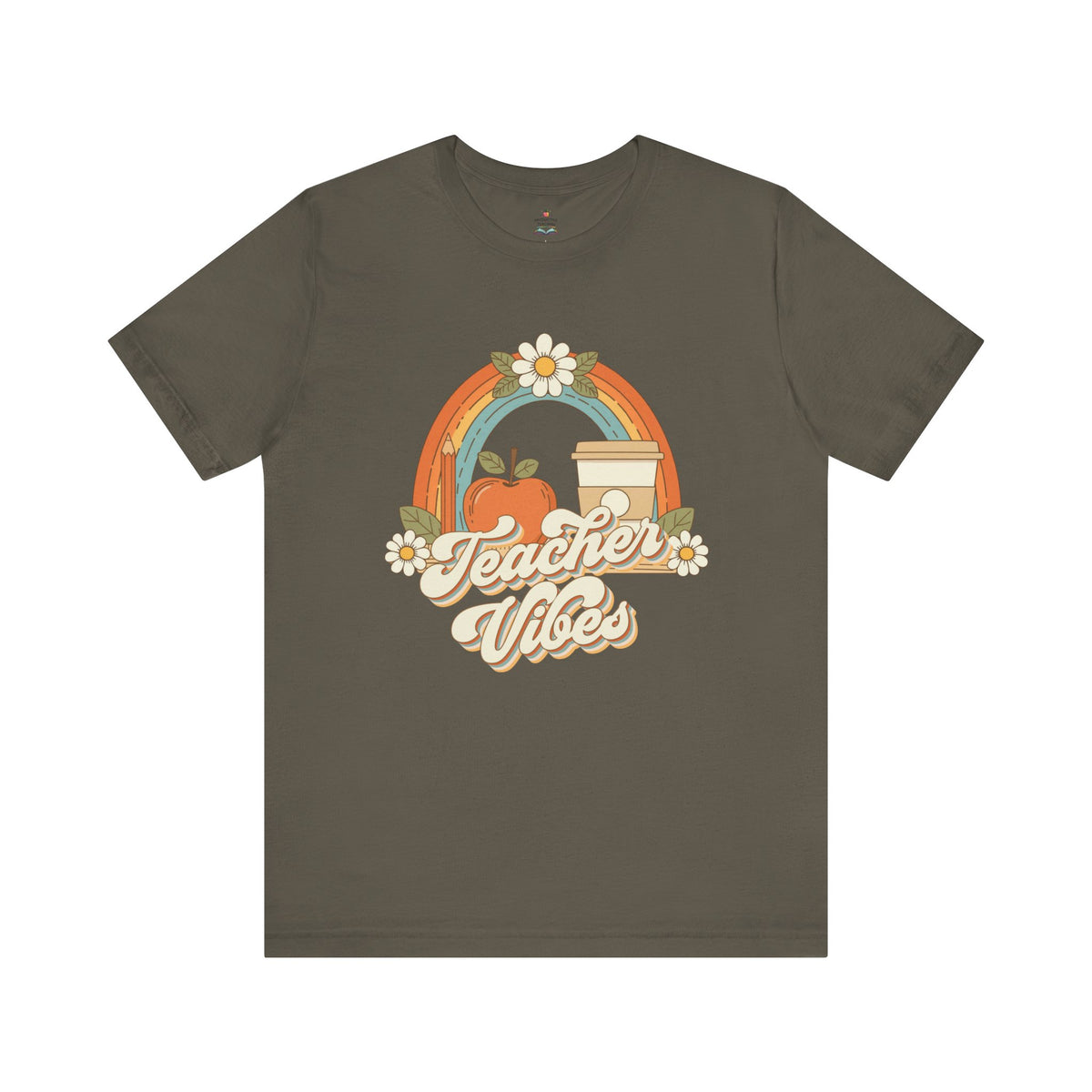Teacher Vibes retro rainbow apple coffee teacher shirt – close-up detail