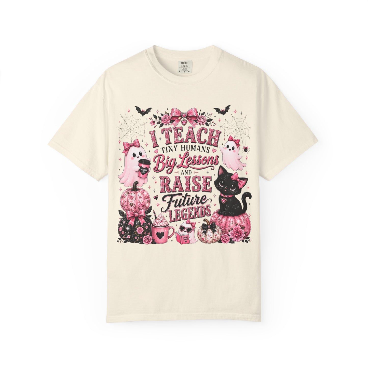 I Teach Tiny Humans Halloween Teacher Shirt | Cute Pink Ghost Comfort Colors Tee | Teacher Gift | Halloween Cat T-Shirt
