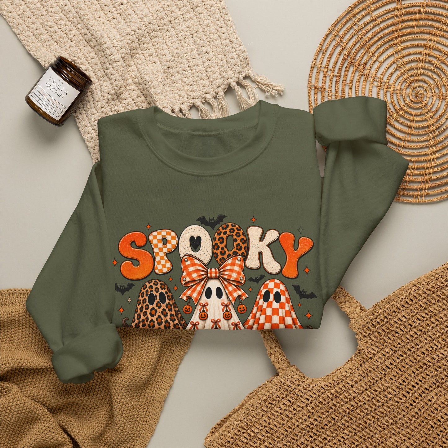 Spooky Season ghost trio Sweatshirt | Halloween pumpkins bats