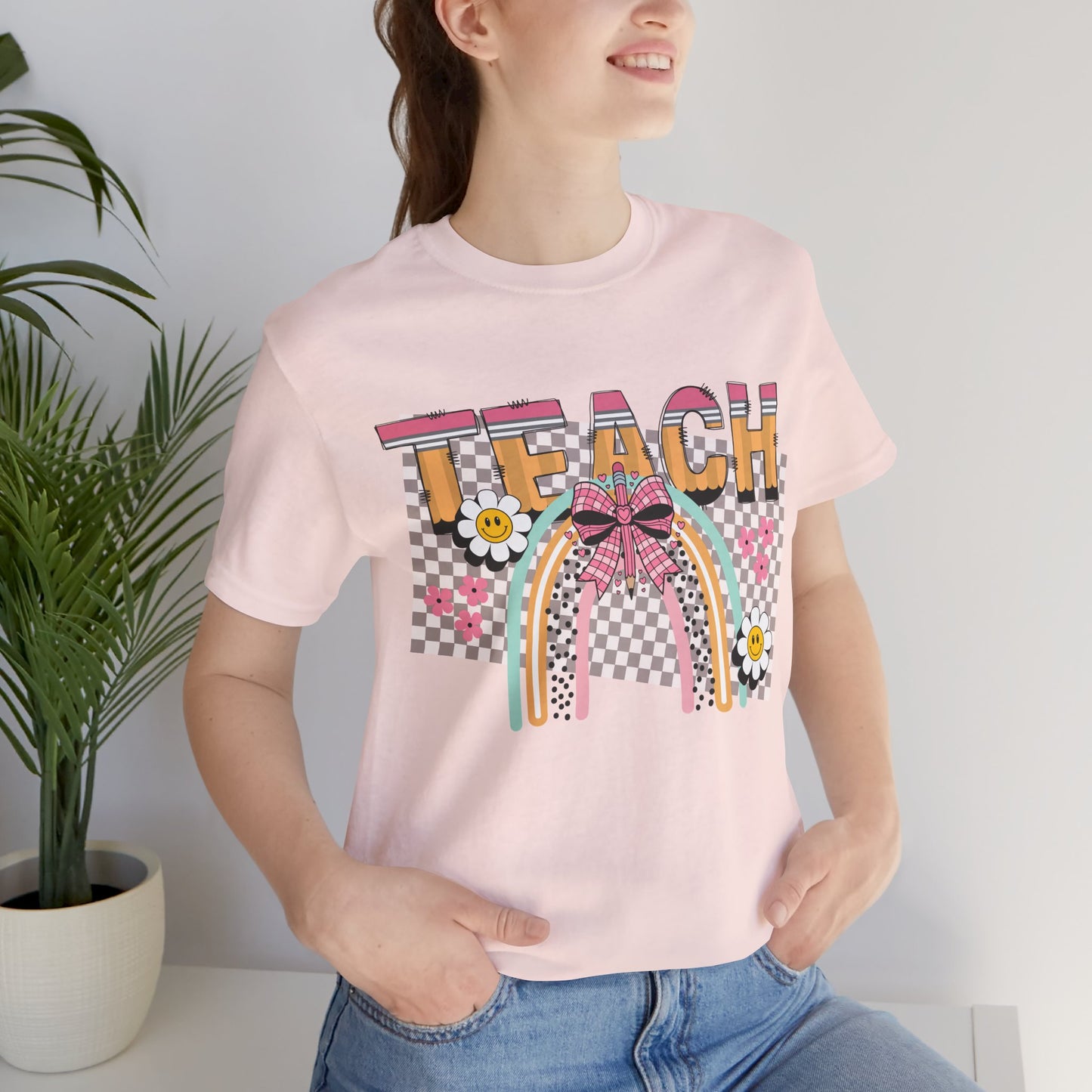 Teach Rainbow T-Shirt — Cute Retro Teacher Tee with Checkered Pattern