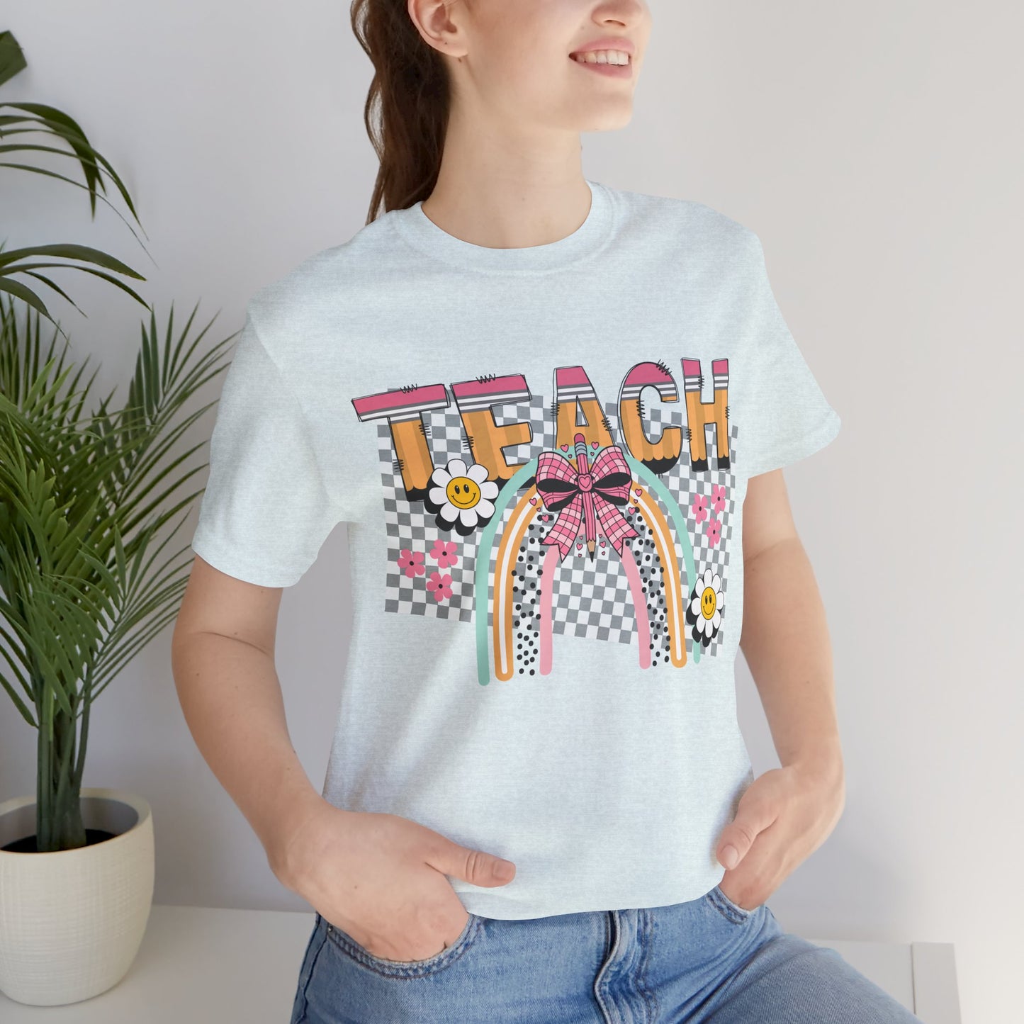 Teach Rainbow T-Shirt — Cute Retro Teacher Tee with Checkered Pattern
