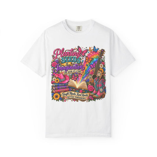 Planting Seeds of Imagination T-shirt, Colorful Book & Boots, Country Western, Guitar Tee