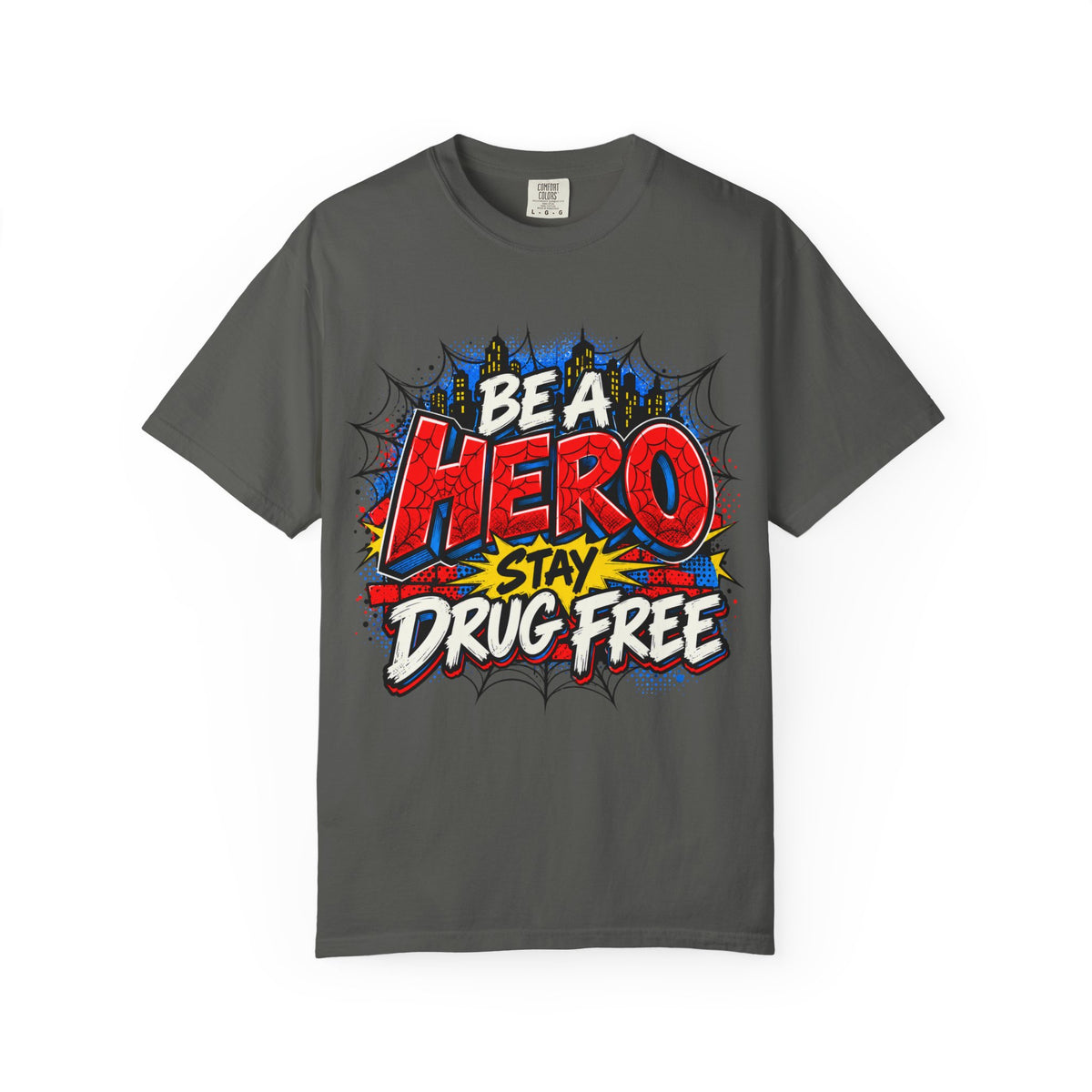 Red Ribbon Week teacher shirt - spider web Be a Hero Stay Drug Free design on grey Comfort Colors tee - styled lifestyle photo