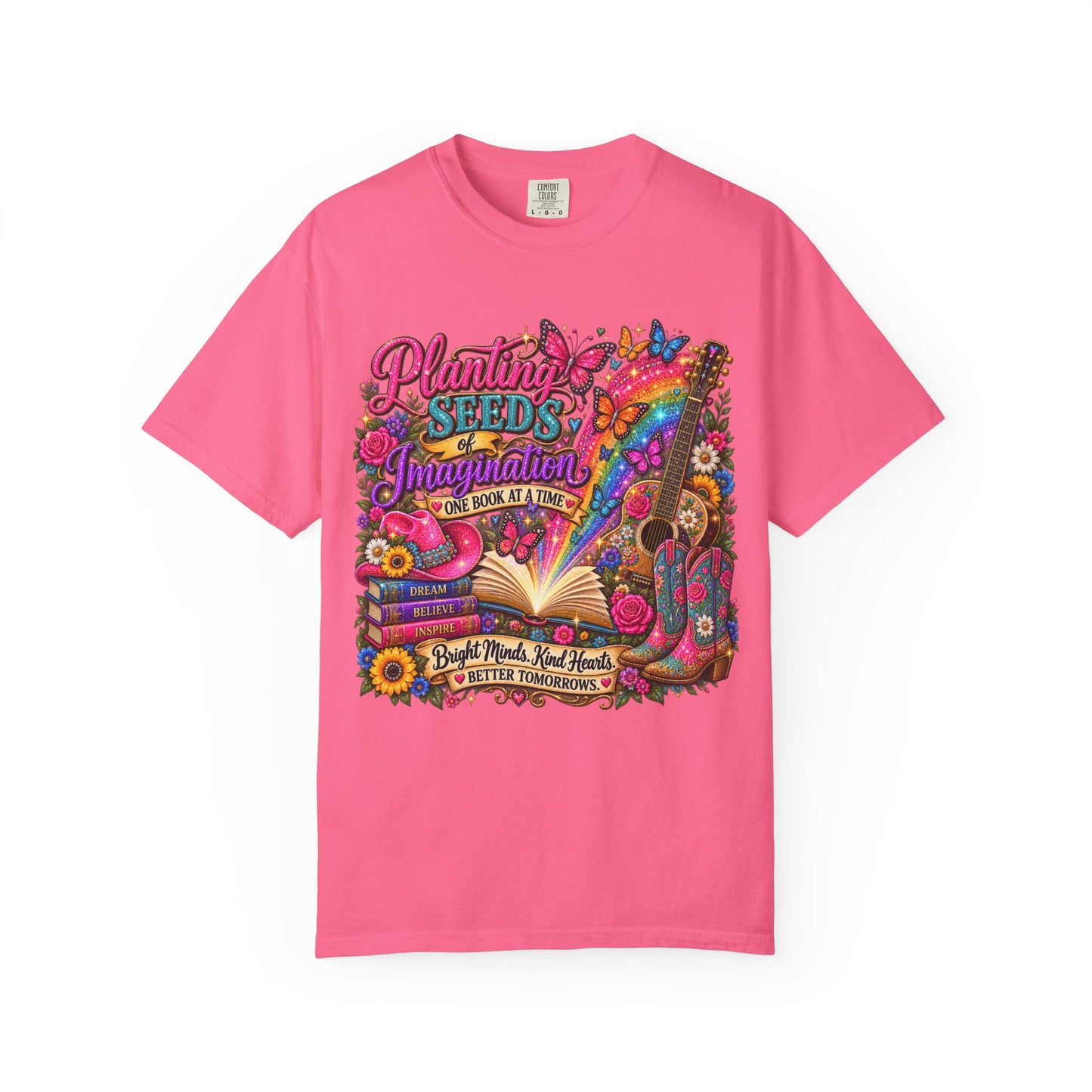 Planting Seeds of Imagination T-shirt, Colorful Book & Boots, Country Western, Guitar Tee