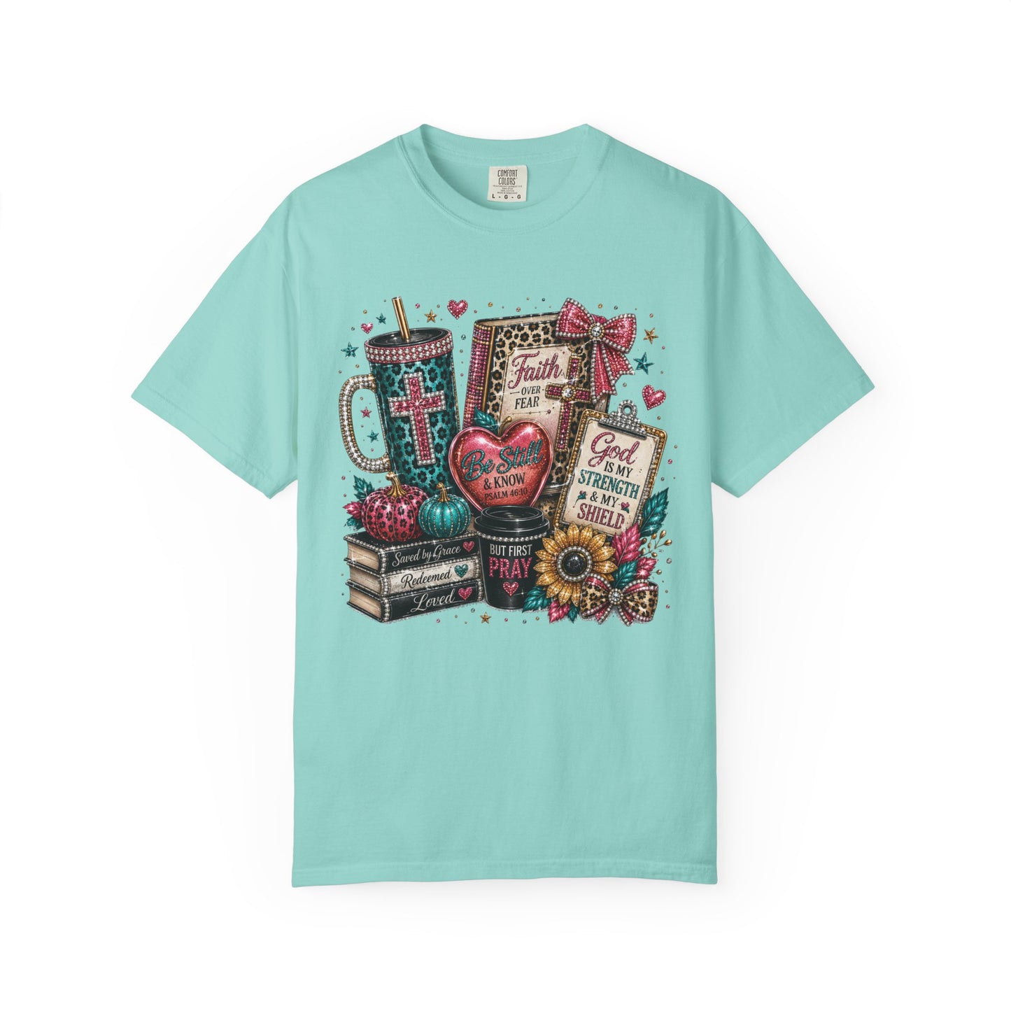 Faith Collage T-Shirt | Christian Cross, Bible, Prayer, Floral Graphics