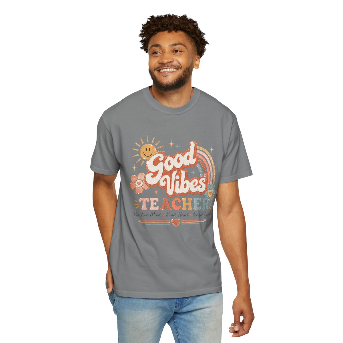 Good Vibes retro sun rainbow teacher shirt – color variant 4