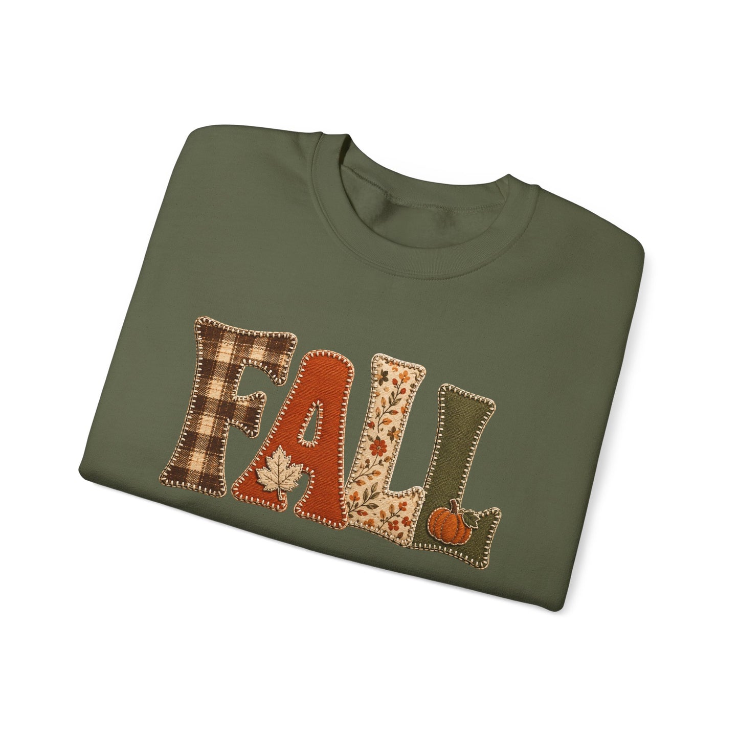 Fall Patchwork Letter Sweatshirt, Autumn Plaid Pumpkin Leaves, Cozy Unisex Crewneck