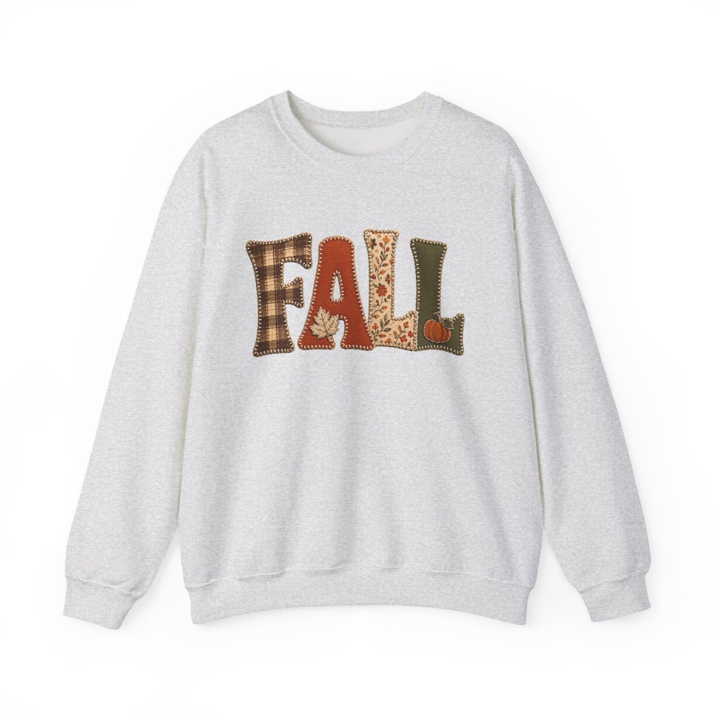 Fall Patchwork Letter Sweatshirt, Autumn Plaid Pumpkin Leaves, Cozy Unisex Crewneck