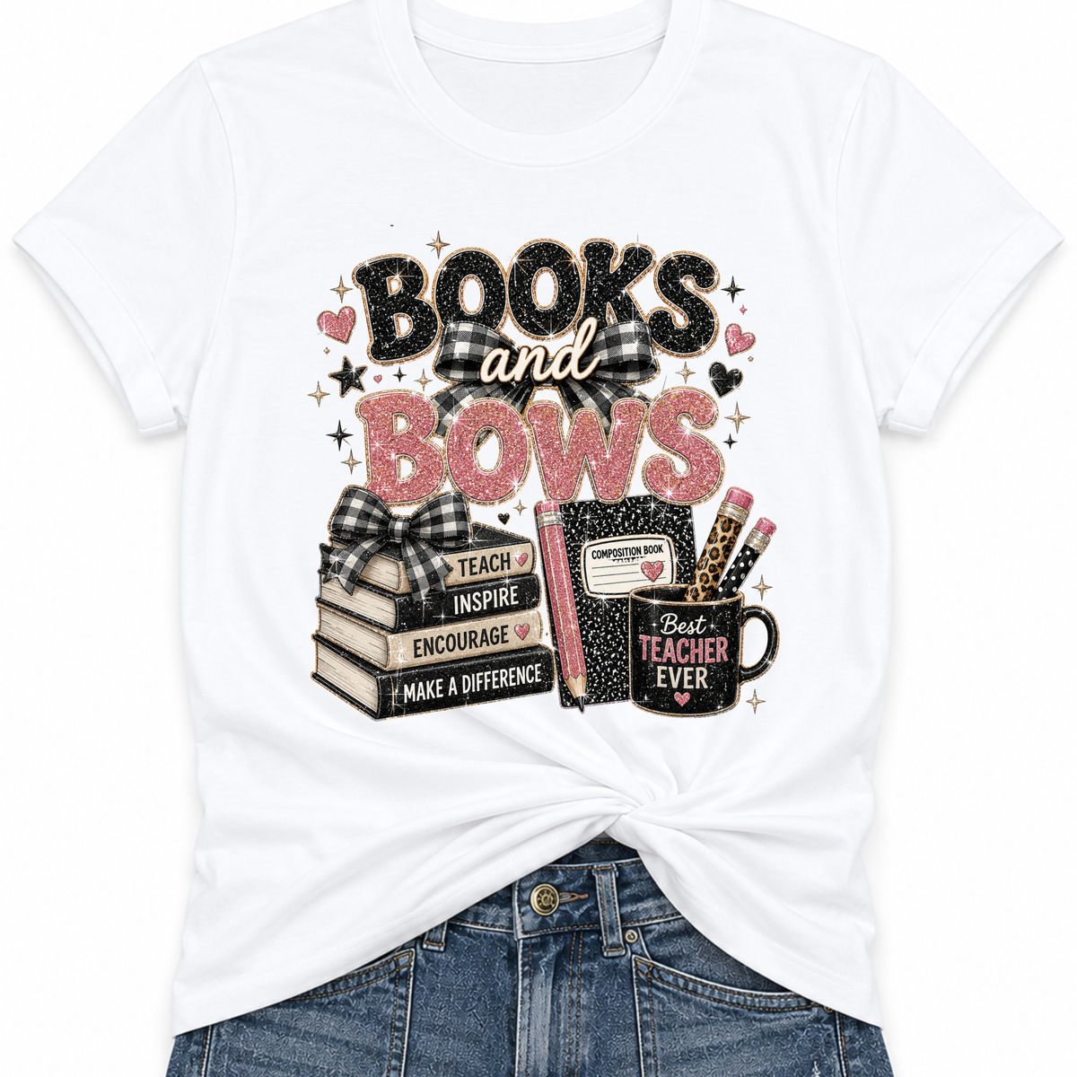 Books and Bows reading teacher t-shirt – styled lifestyle photo