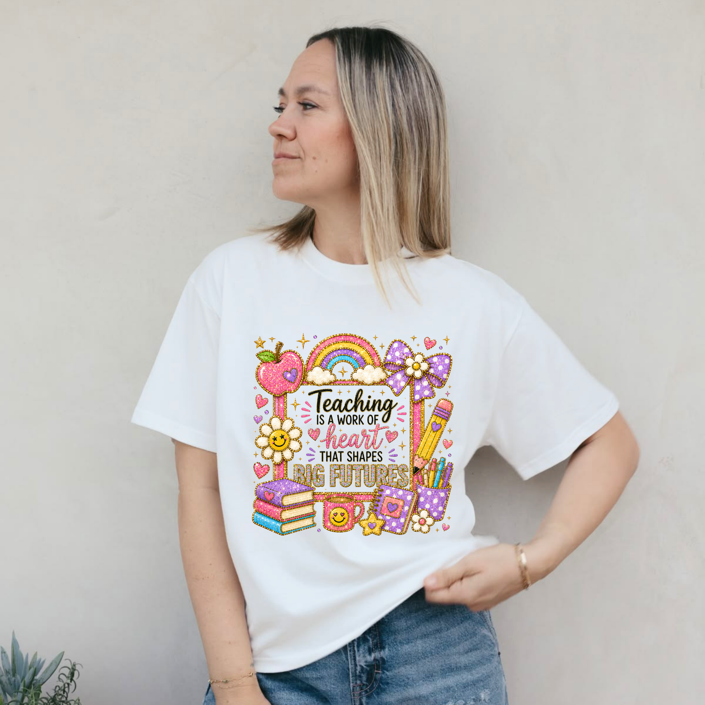 Teacher Appreciation T-Shirt — "Teaching Is A Work Of Heart That Shapes Big Futures" Cute School Graphic Tee