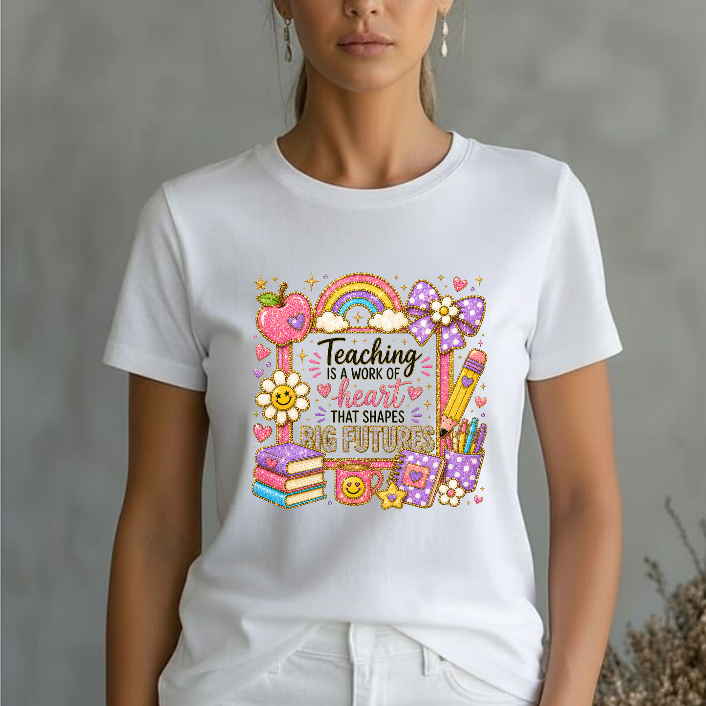 Teacher Appreciation T-Shirt — "Teaching Is A Work Of Heart That Shapes Big Futures" Cute School Graphic Tee