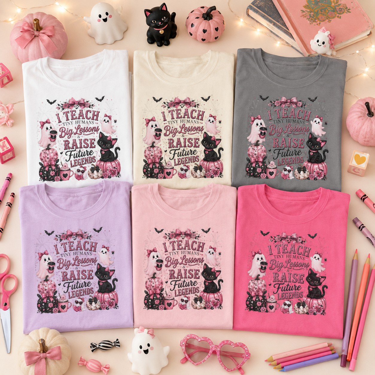 I Teach Tiny Humans Halloween Teacher Shirt | Cute Pink Ghost Comfort Colors Tee | Teacher Gift | Halloween Cat T-Shirt