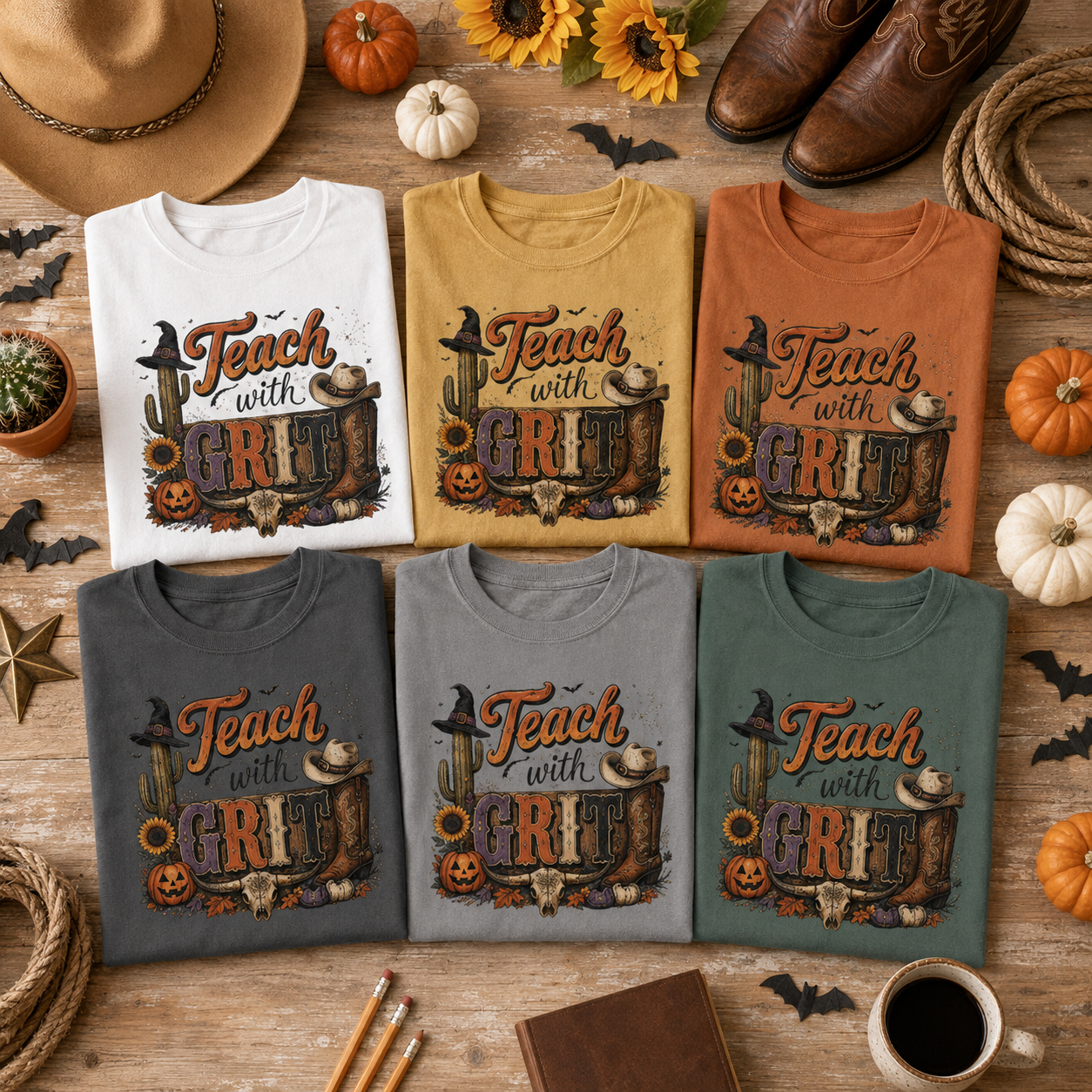 Teach With Grit Shirt | Western Halloween Teacher Tee | Comfort Colors Fall Teacher Shirt | Cowboy Classroom T-Shirt |Teacher Gift