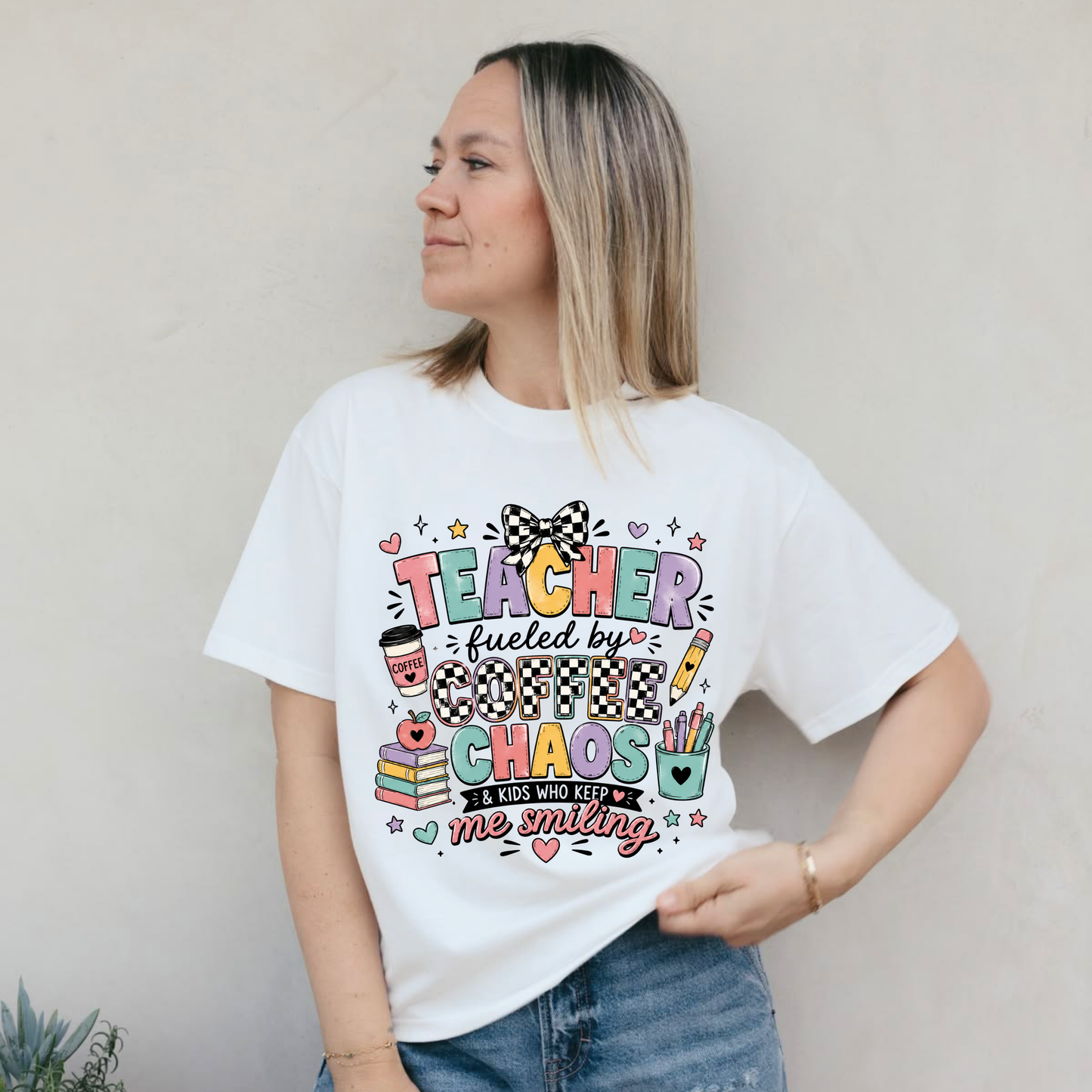 Teacher Fueled by Coffee and Chaos T-Shirt | Cute School Doodles