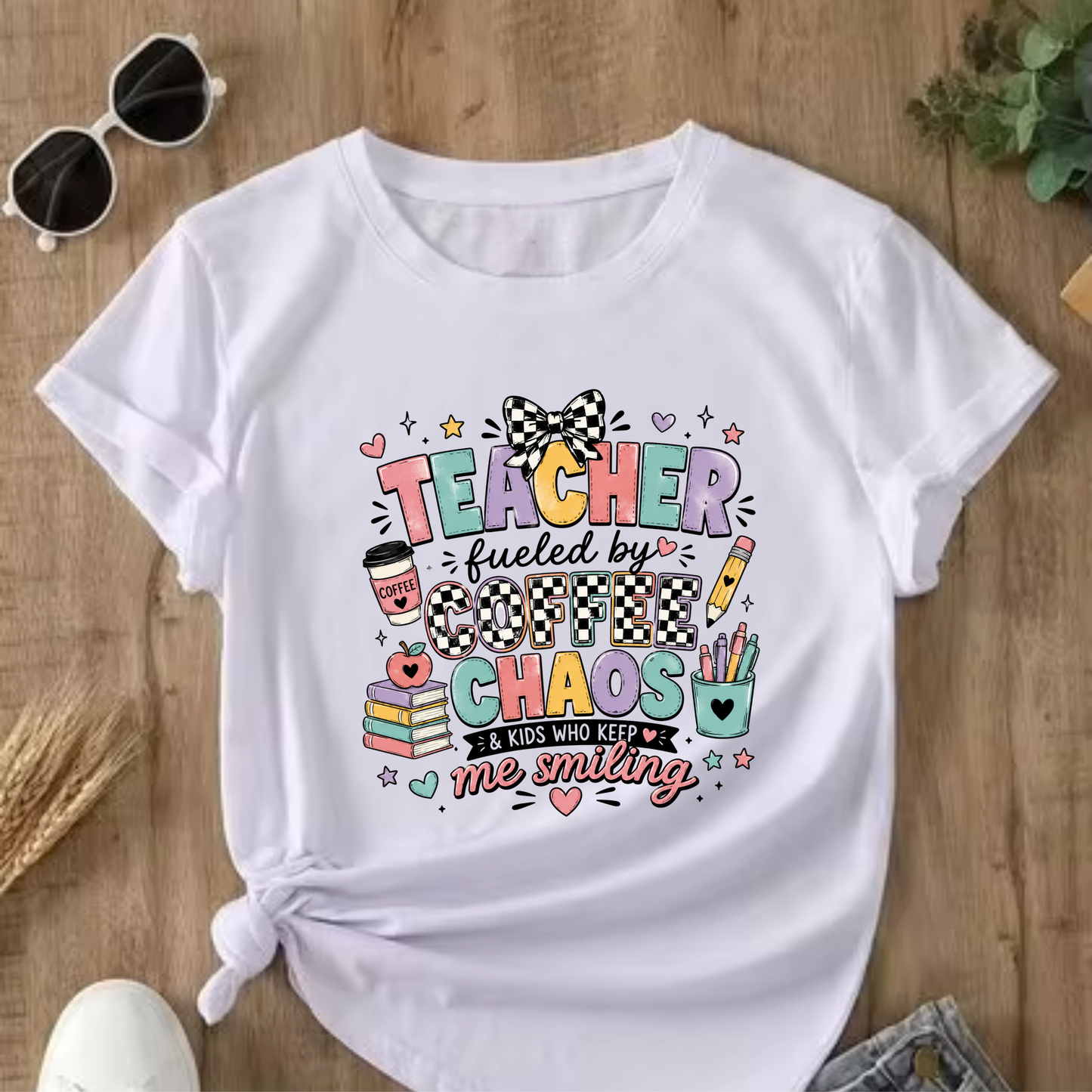 Teacher Fueled by Coffee and Chaos T-Shirt | Cute School Doodles