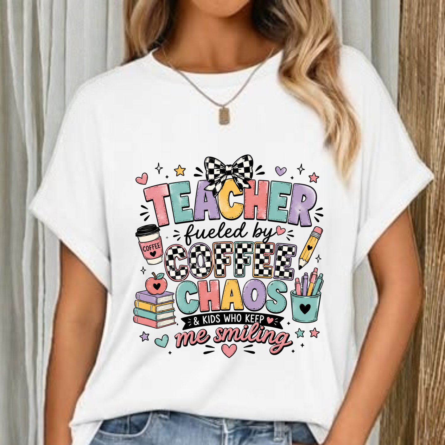 Teacher Fueled by Coffee and Chaos T-Shirt | Cute School Doodles