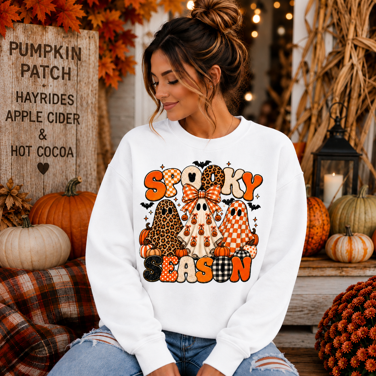 Spooky Season ghost trio Sweatshirt | Halloween pumpkins bats