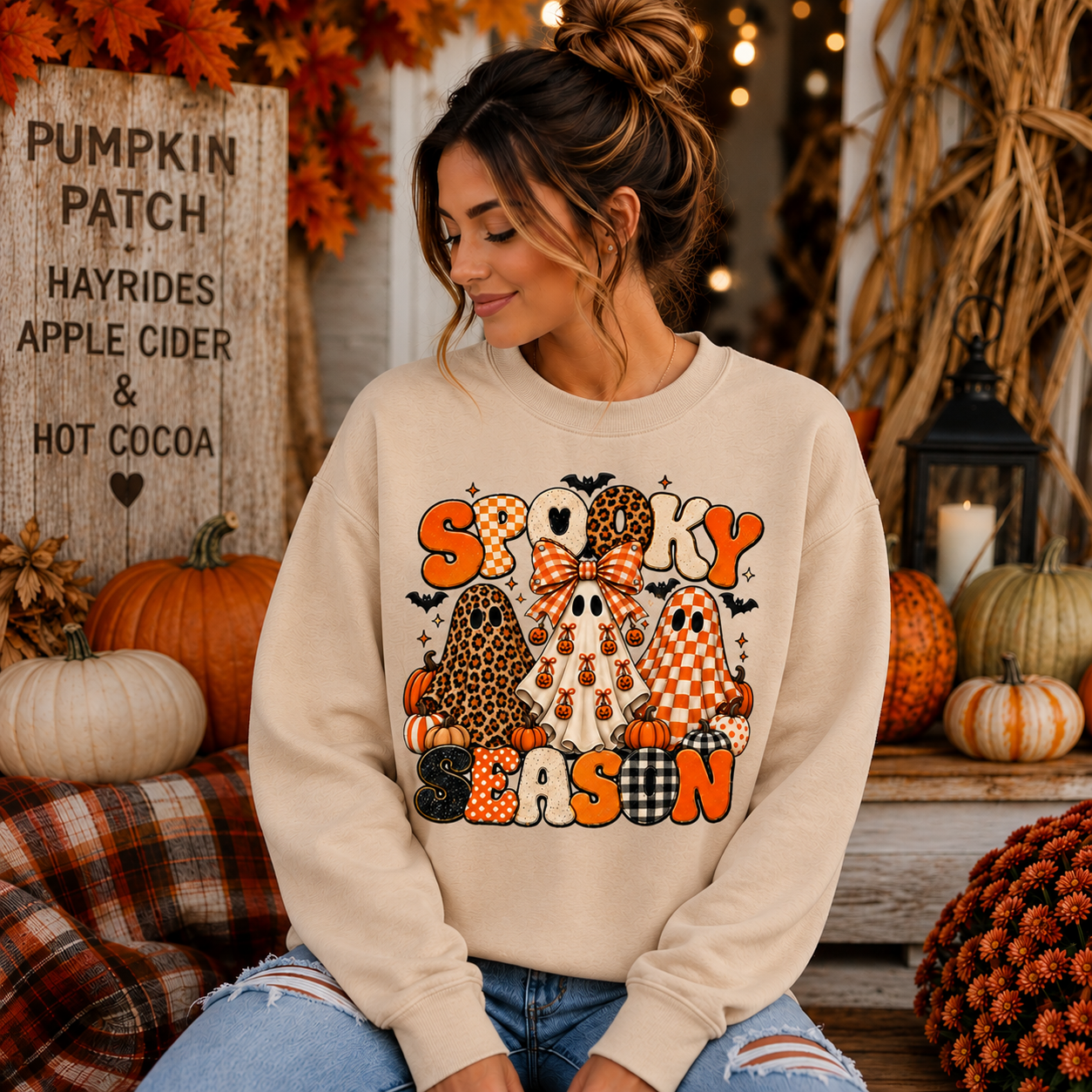 Spooky Season ghost trio Sweatshirt | Halloween pumpkins bats