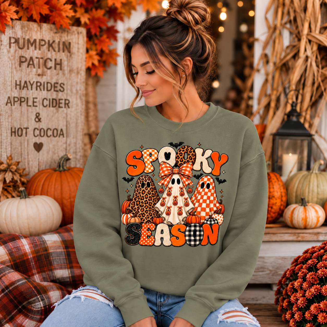 Spooky Season ghost trio Sweatshirt | Halloween pumpkins bats