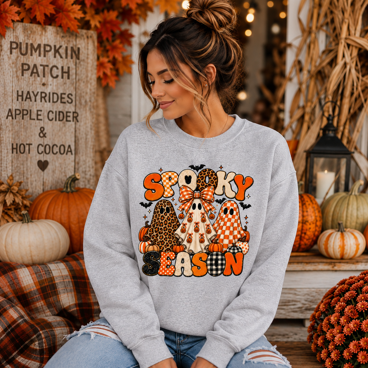 Spooky Season ghost trio Sweatshirt | Halloween pumpkins bats