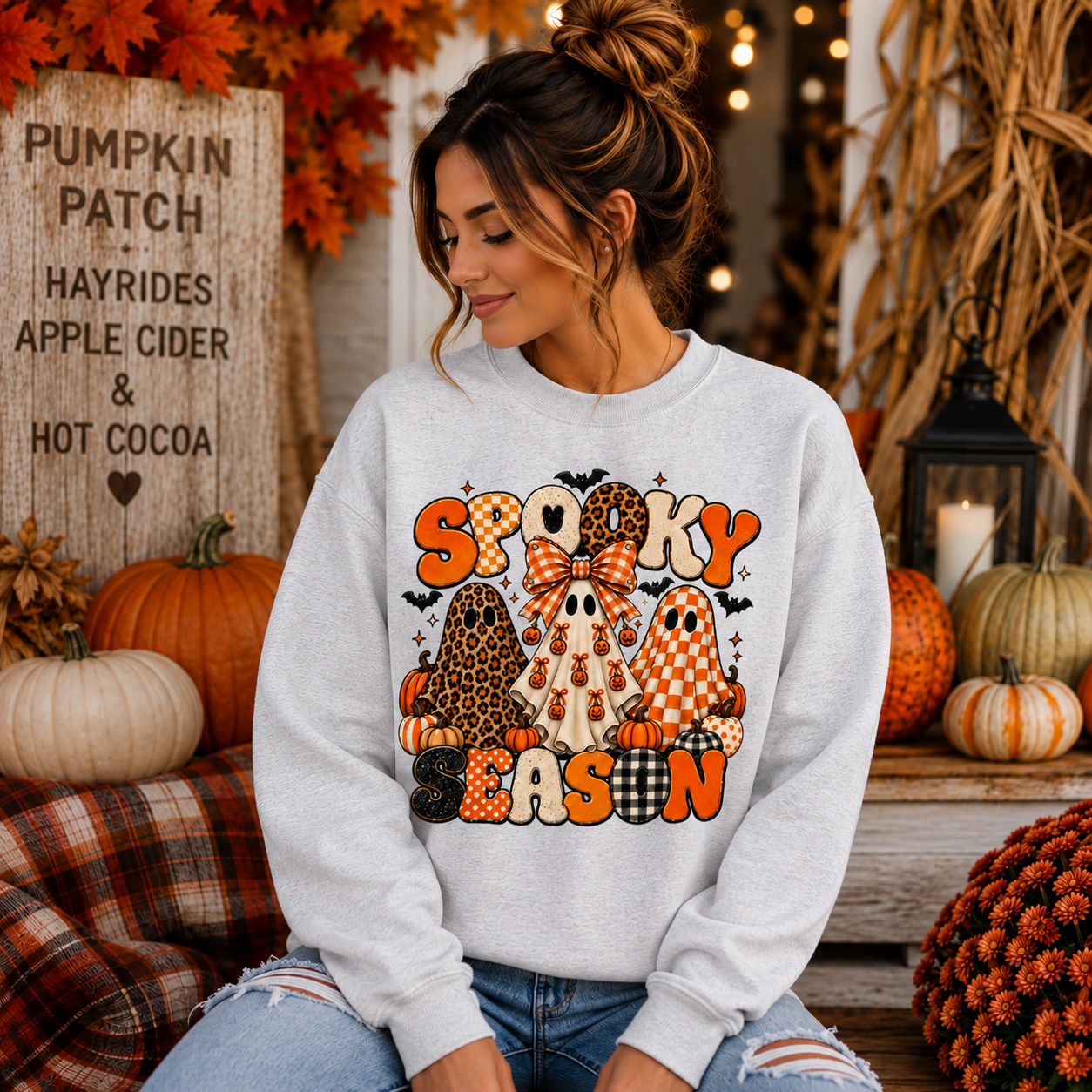 Spooky Season ghost trio Sweatshirt | Halloween pumpkins bats